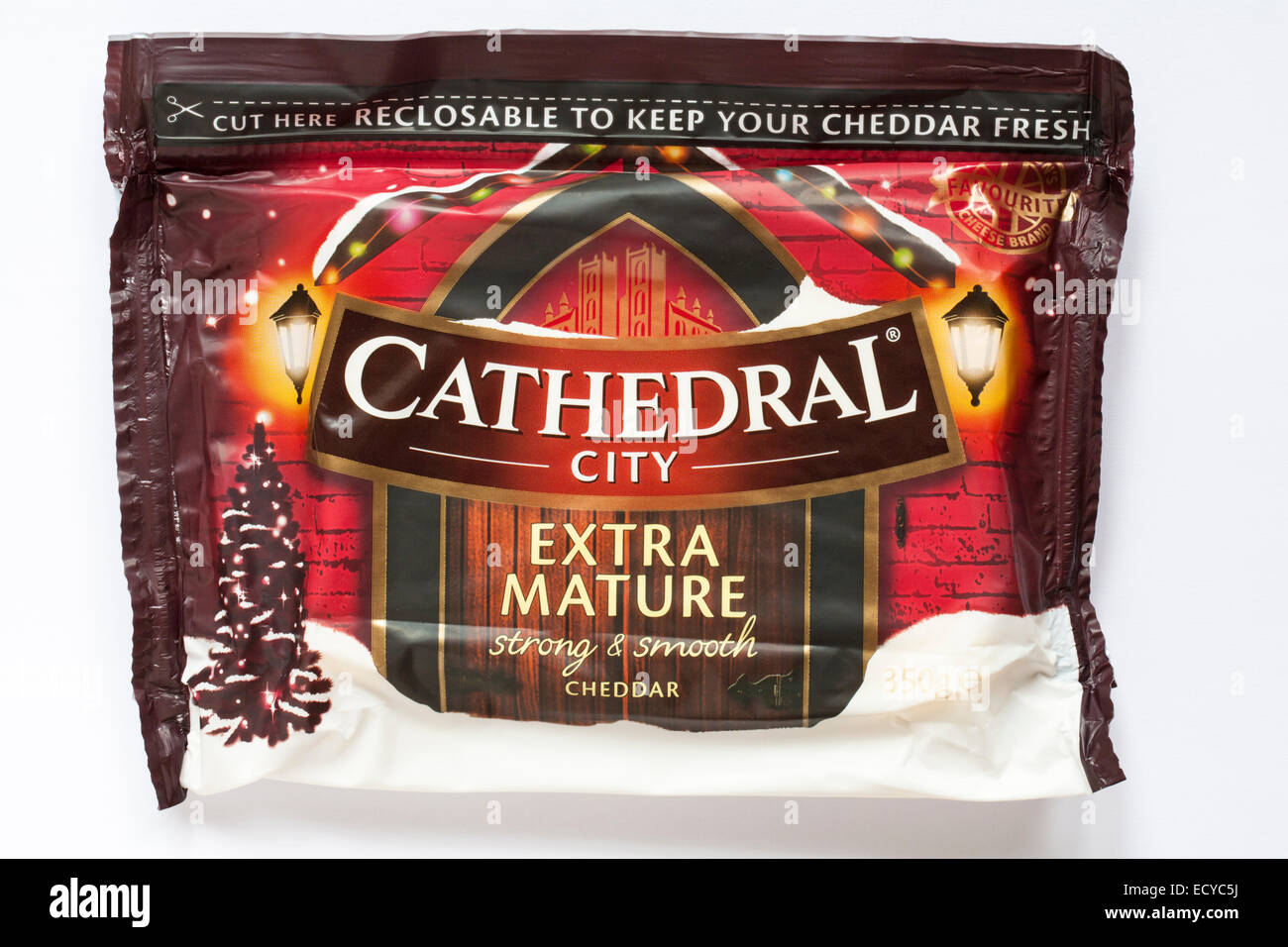 Festive packet of Cathedral City extra mature strong & smooth cheddar cheese isolated on white background Stock Photo