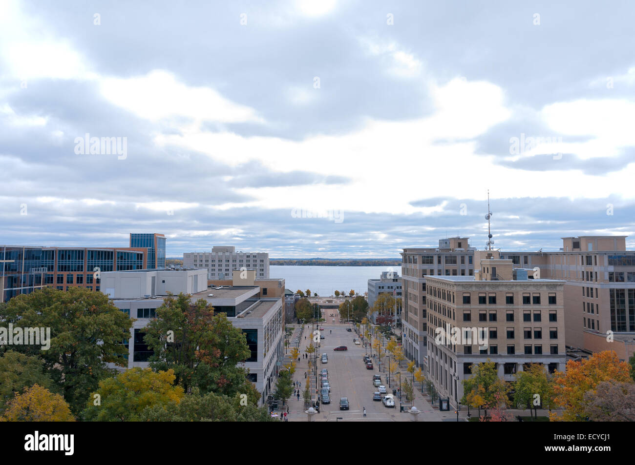 Aerial of downtown Madison Wisconsin and Monona Terrace off Lake Monona
