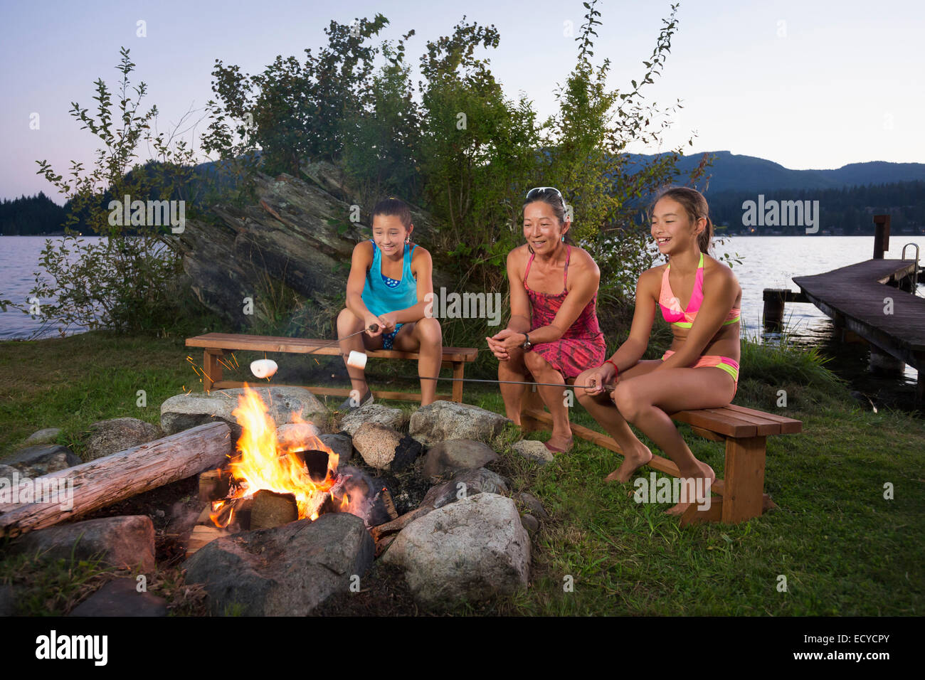 Mother and children roasting marshmallows over campfire Stock Photo
