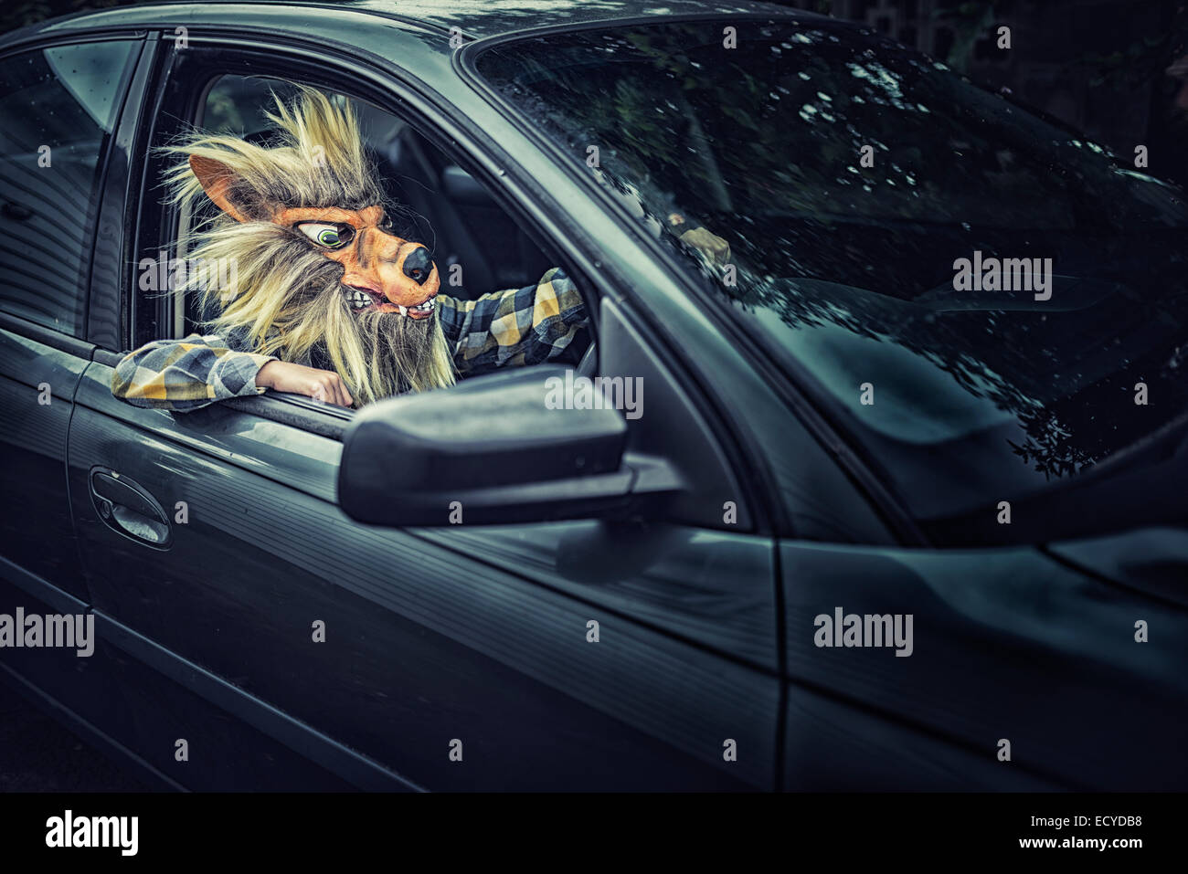 Mixed race boy wearing wolf mask and driving car Stock Photo