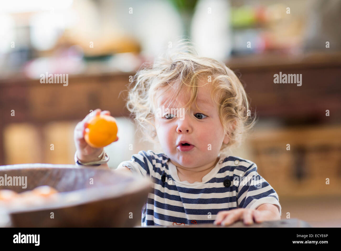 Surprised Caucasian baby boy examining fruit Stock Photo