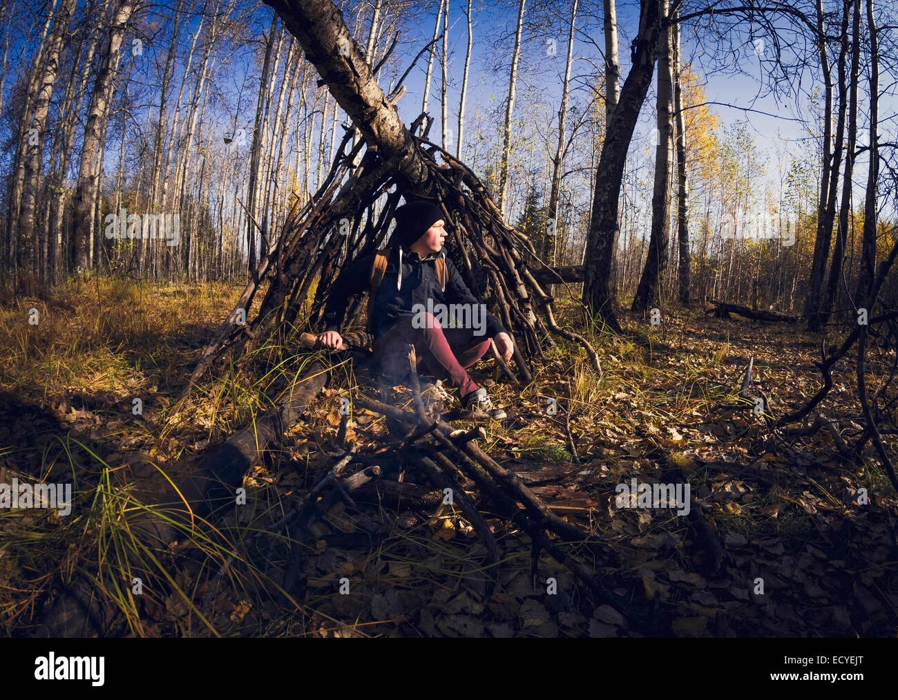 Man sitting in wooden shelter in forest Stock Photo
