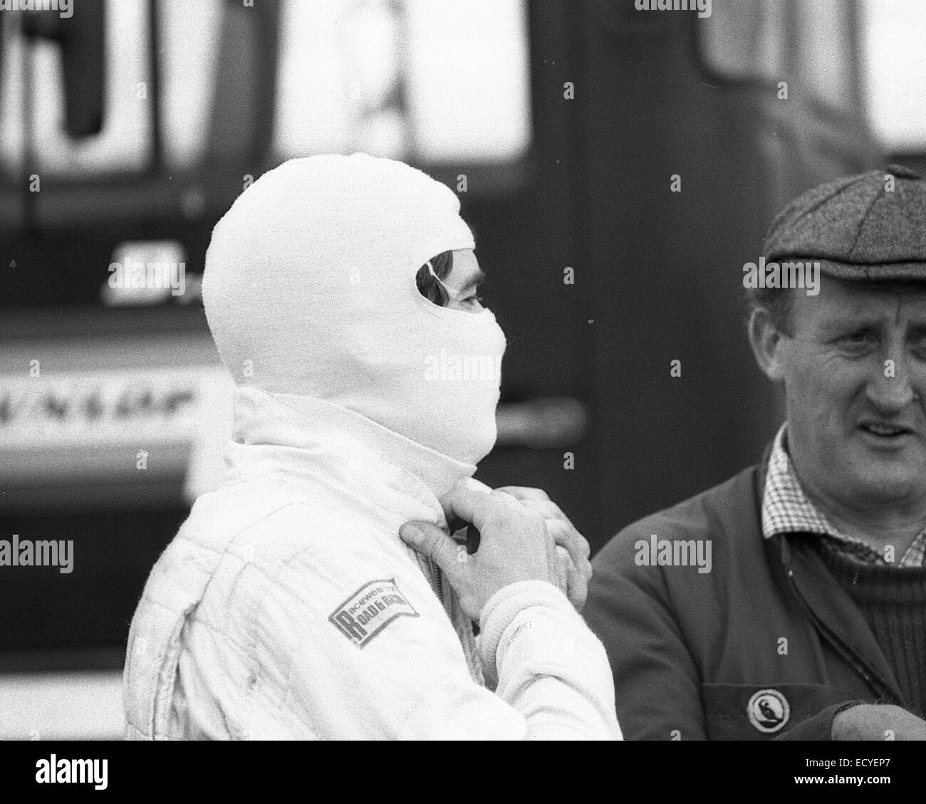 racing driver Tiff Needell in helmet and race suit 1984 Stock Photo