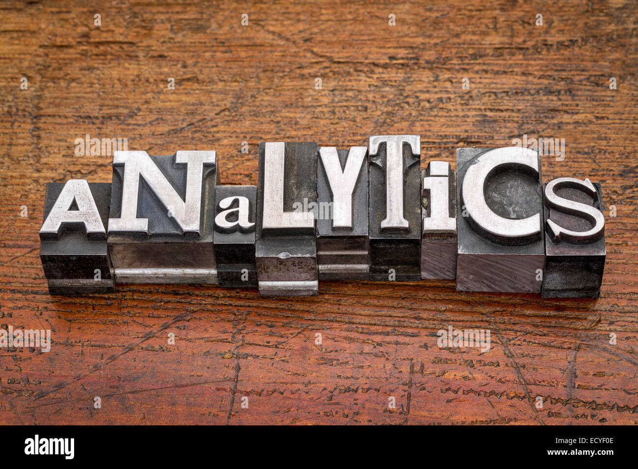 analytics word in mixed vintage metal type printing blocks over grunge ...