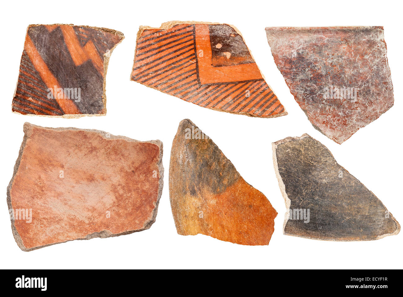 ancient Native American Indian (Anasazi) artifacts, six pottery shards  isolated on white Stock Photo