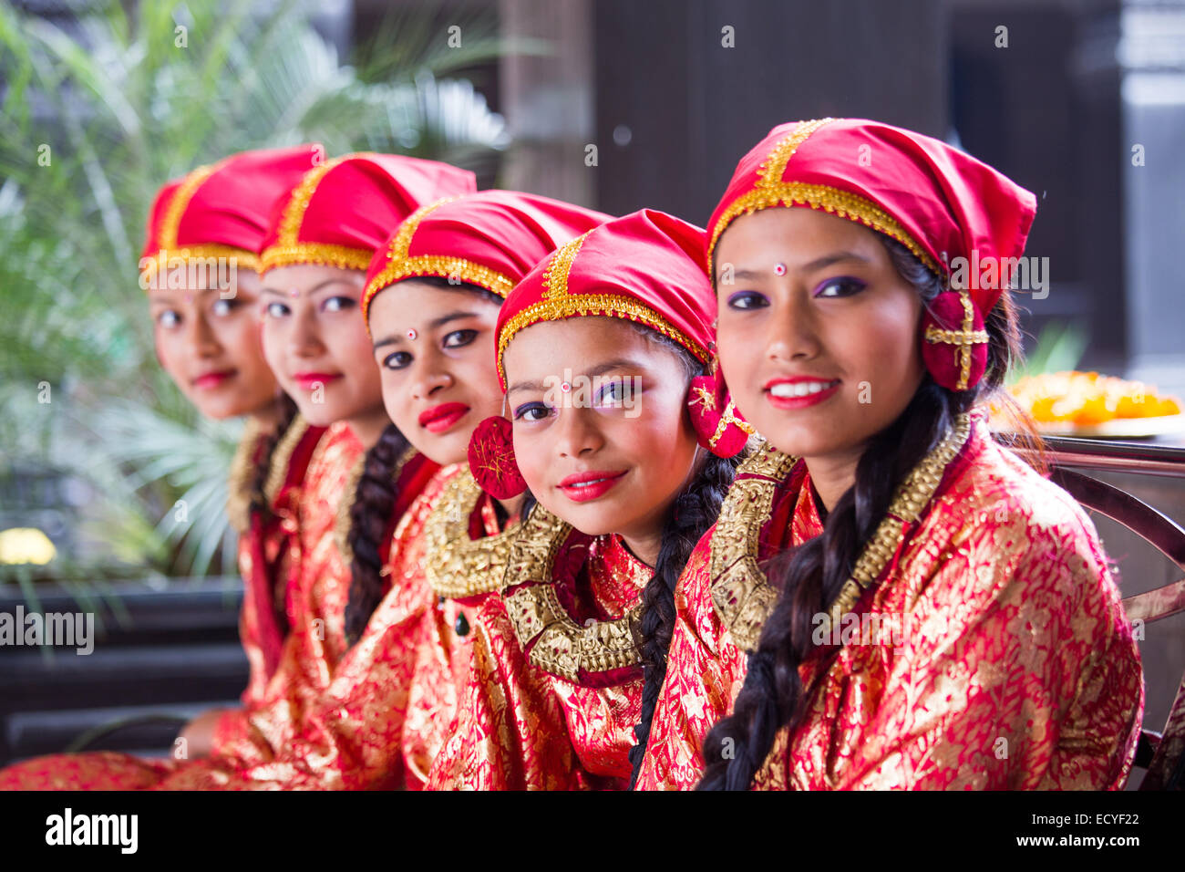 Girls dressed in traditional clothing in Kathmandu, Nepal Stock Photo