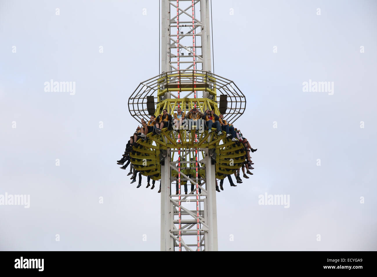 Oktoberfest drop tower amusement park ride Germany Stock Photo