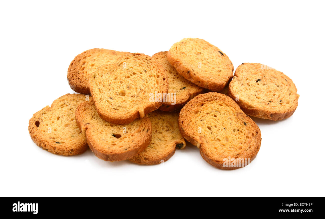 Pile of bite-size Italian crostini, isolated on a white background Stock Photo