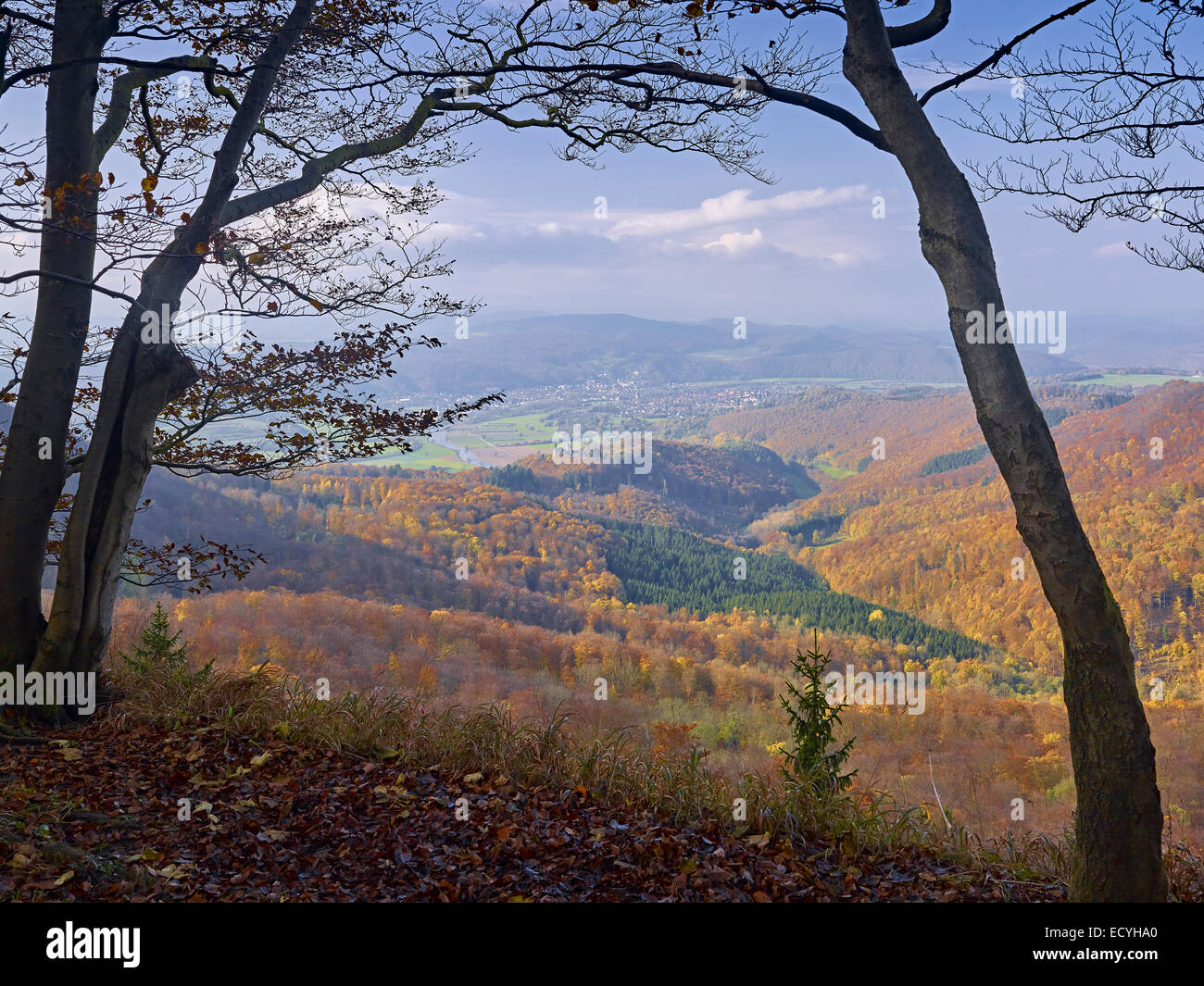 View into the Werra valley with Rothestein Castle and Bad Sooden- Allendorf, Hesse, Germany Stock Photo