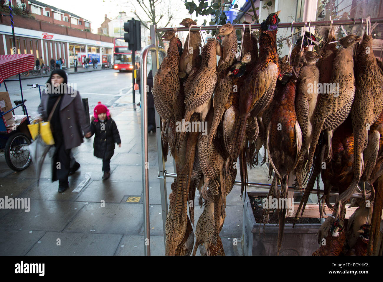 Pheasants hanging up outside a traditional British butchers shop on Bethnal Green Road, London, UK. Once a White British area, t Stock Photo
