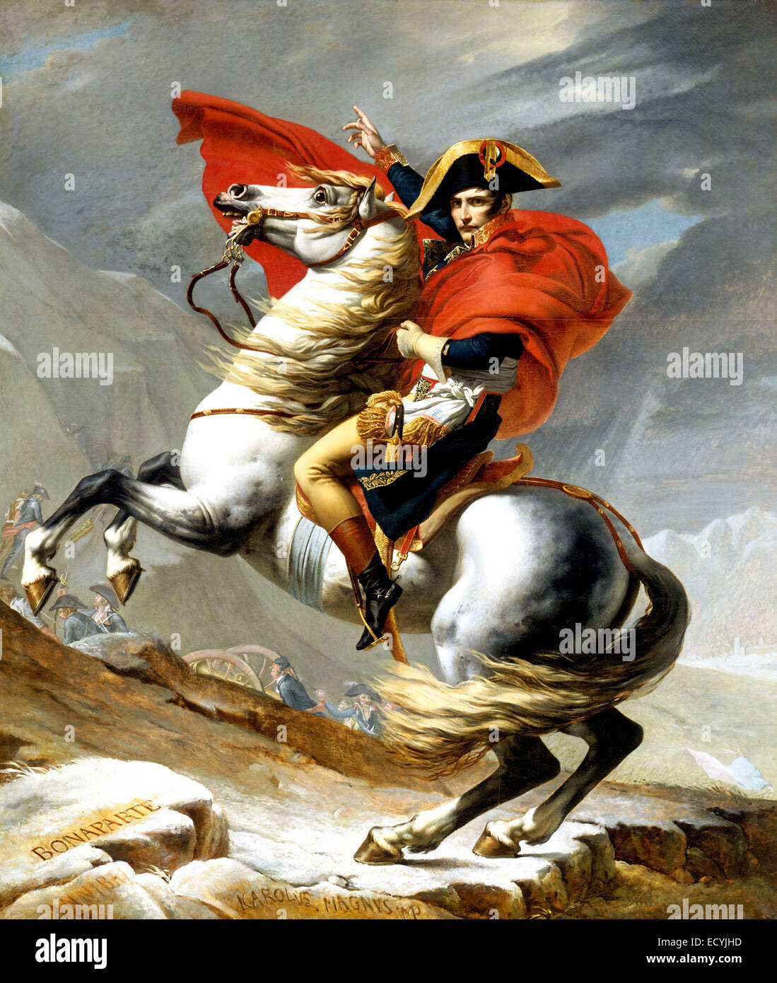 Napoleon Crossing the Alps or Napoleon at the Saint-Bernard Pass by Jacques-Louis David in 1805 Stock Photo