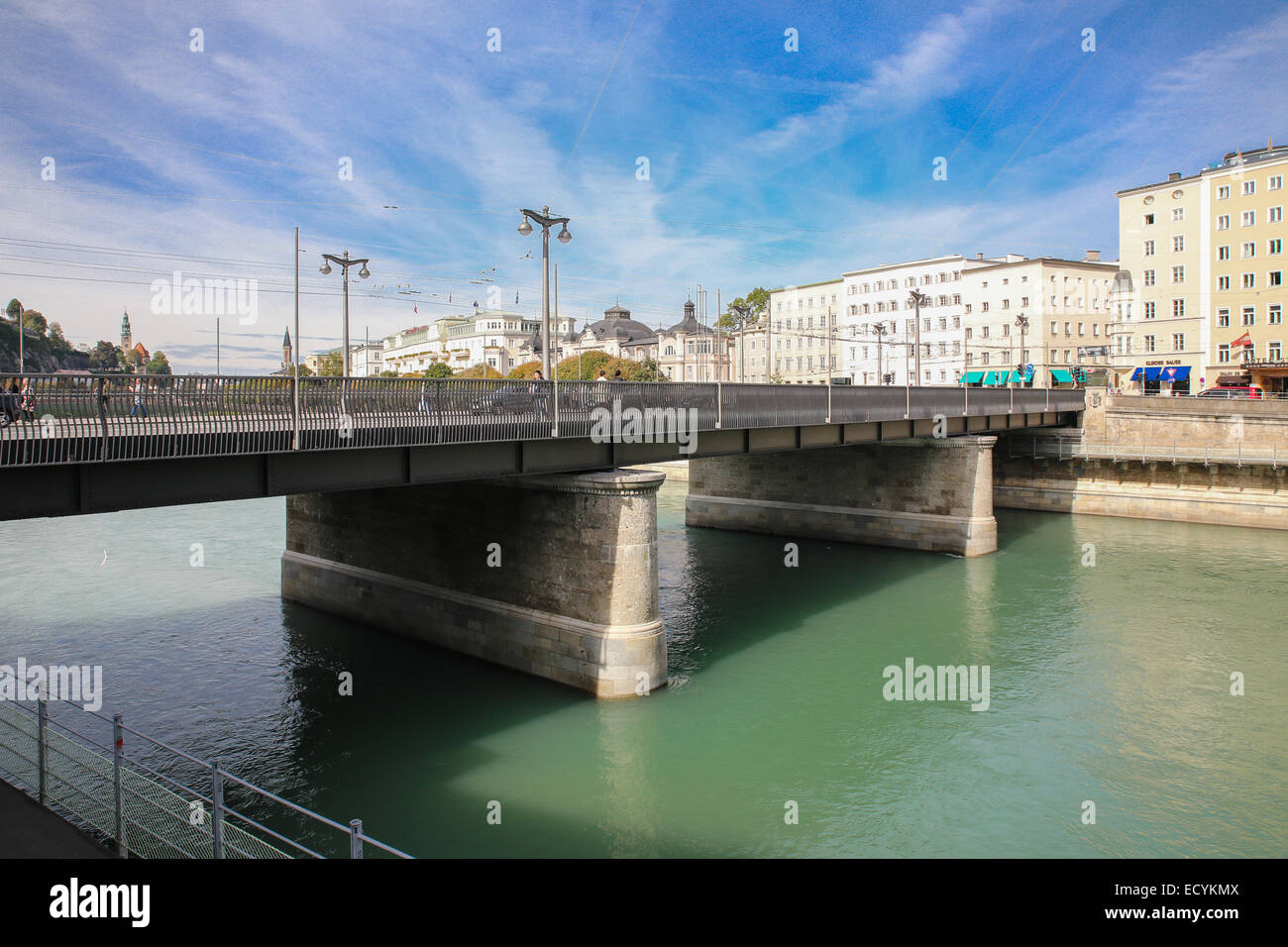 bridge connect new old town Salzburg Salzach river Stock Photo