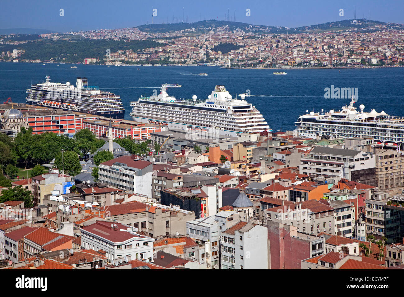 Cruise ships on the Bosporus River and bird's eye view over the city Istanbul, Turkey Stock Photo