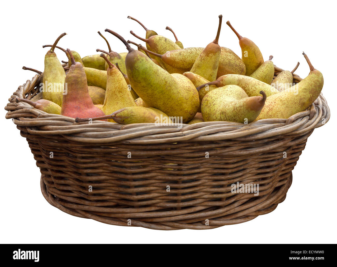 Pears in a wooden basket isolated on white background with Clipping Path Stock Photo