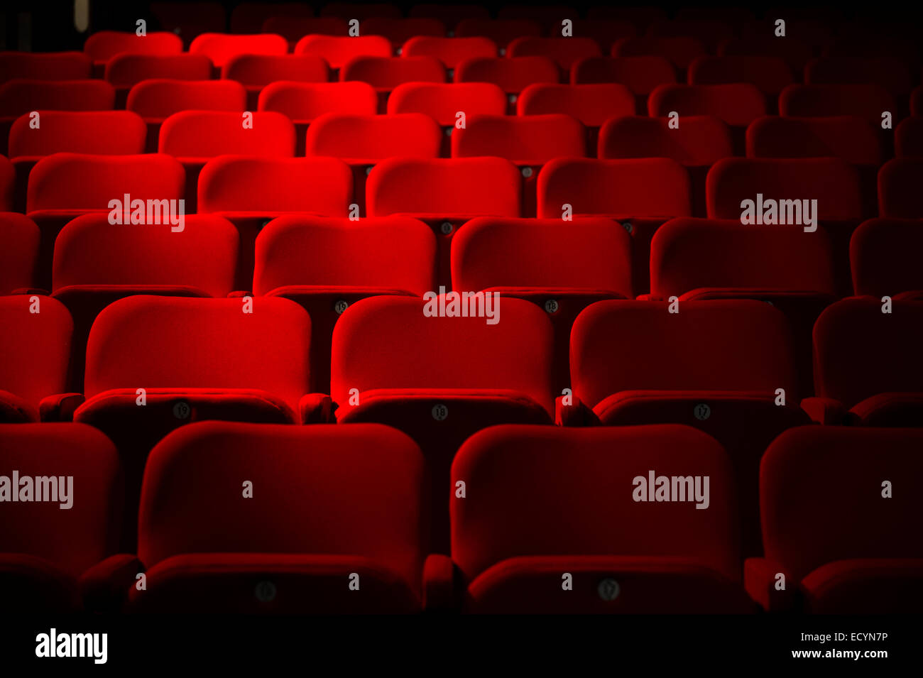 Rows of empty red seats in a small theatre before the audience arrives UK  Stock Photo - Alamy