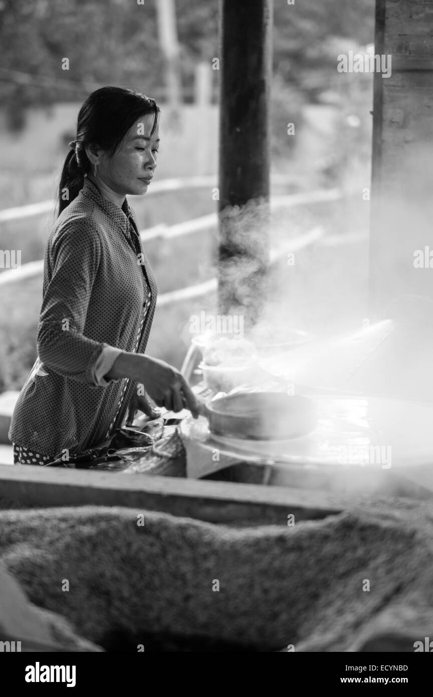 Young Vietnamese woman cooking rice paper in the small home factory that her family owns in the Mekong Delta of Vietnam. Stock Photo