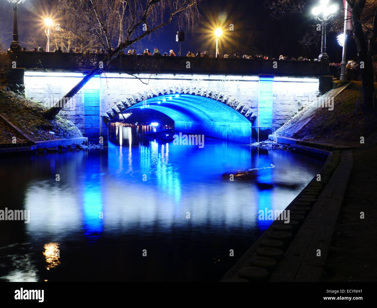 night view of small bridge in center of Riga Stock Photo