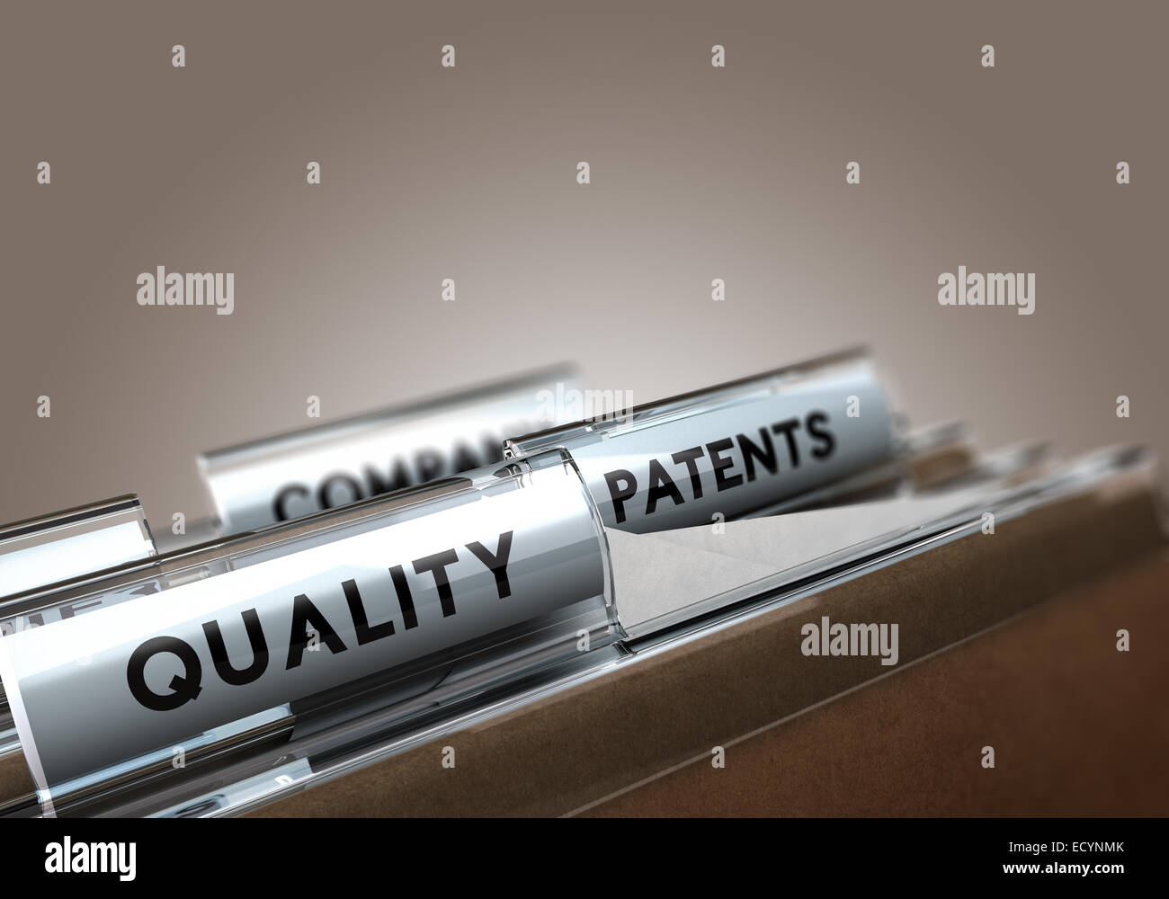Folder tab with the text quality with focus on the word and blur effect. Concept image for quality assurance. Stock Photo