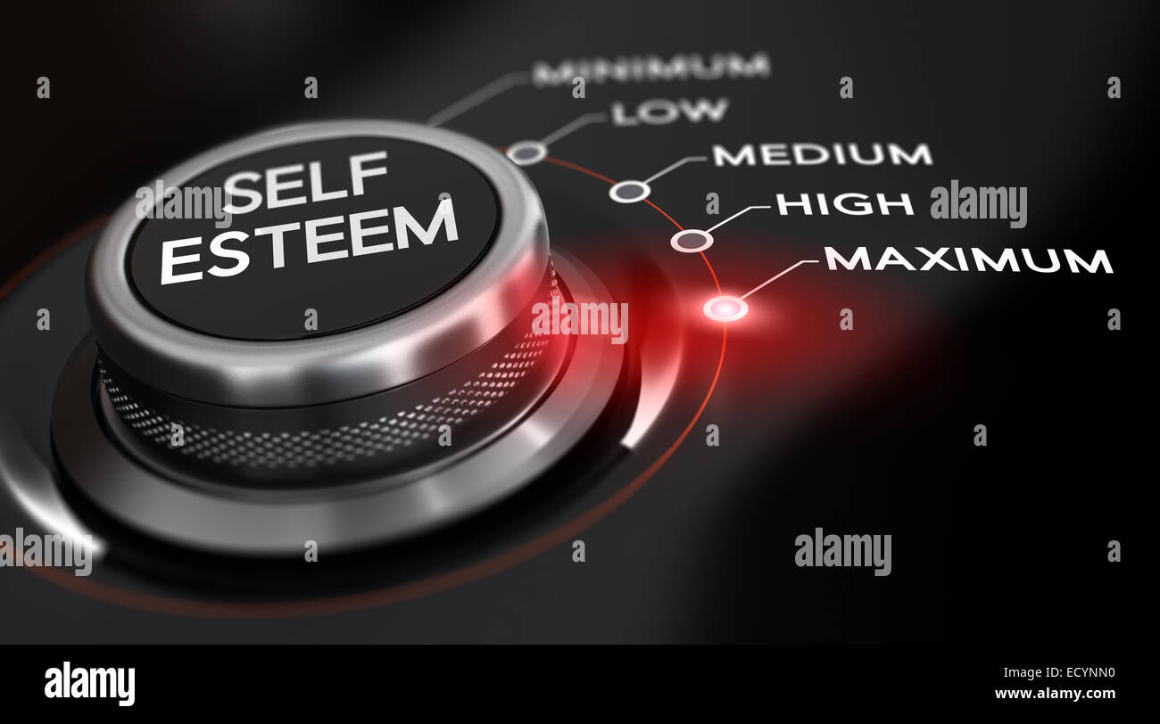 Switch button positioned on the word maximum, black background and red light. Conceptual image for illustration of self esteem. Stock Photo