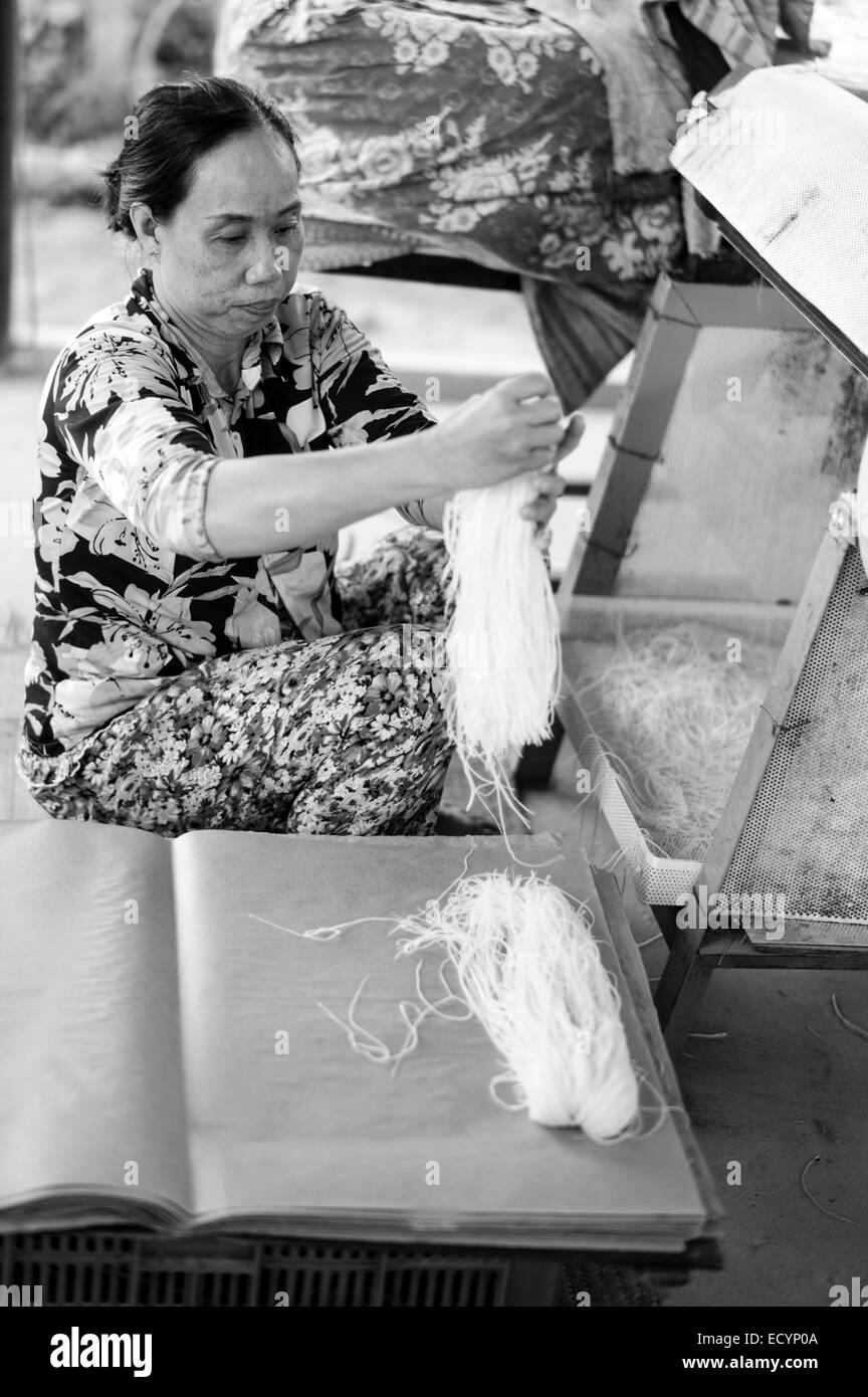 Vietnamese woman using a cutting machine to make rice noodles from the rice paper manufactured in her family's home factory in the Mekong Delta. Stock Photo