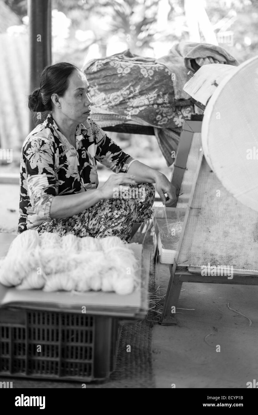 Vietnamese woman taking cut noodles from a noodle-cutting machine and packaging them for sale in the small home rice paper and noodle factory in the Mekong Delta of Vietnam. Stock Photo