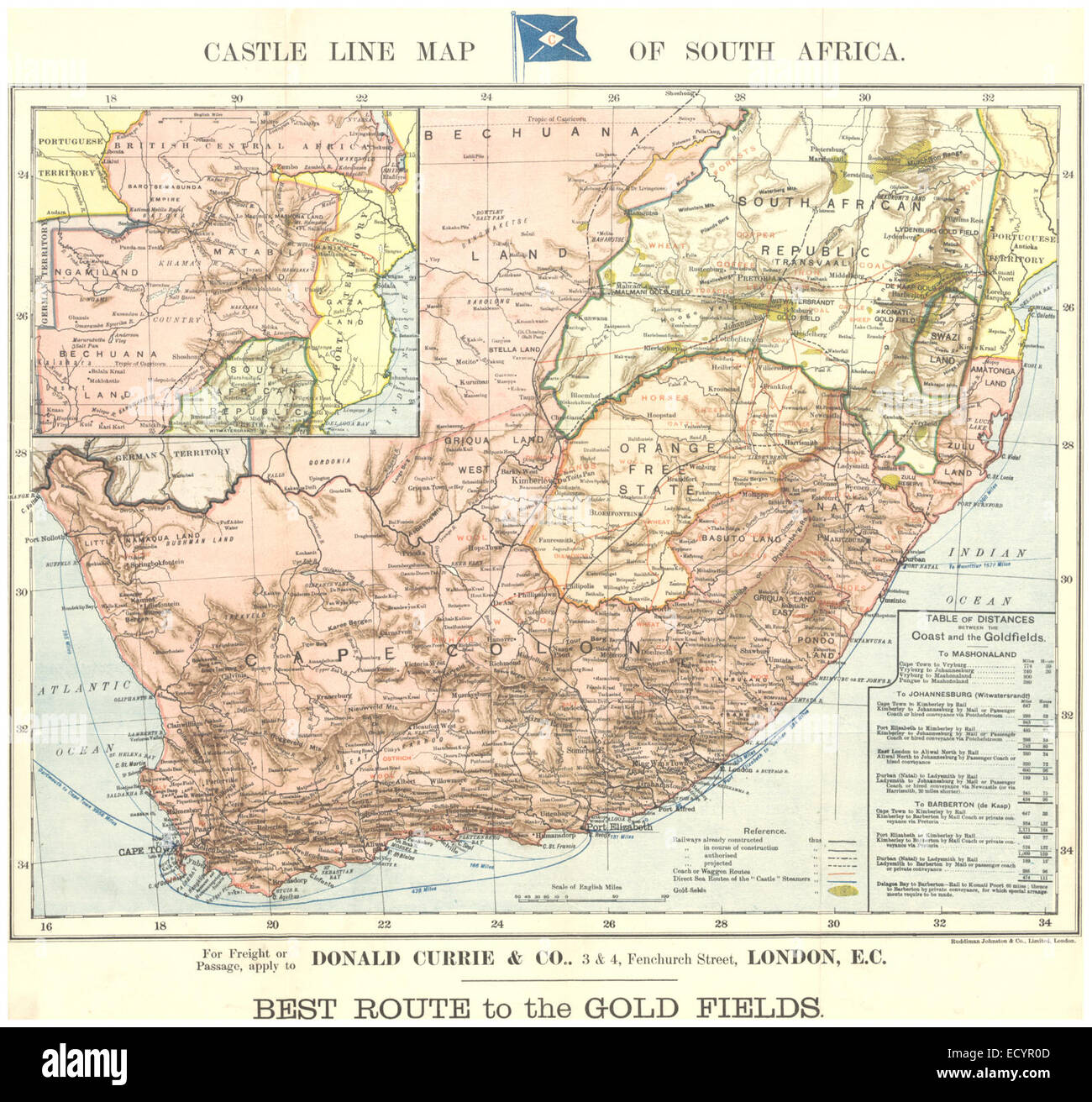 Castle Line Map of South Africa, best route to Gold Fields Stock Photo