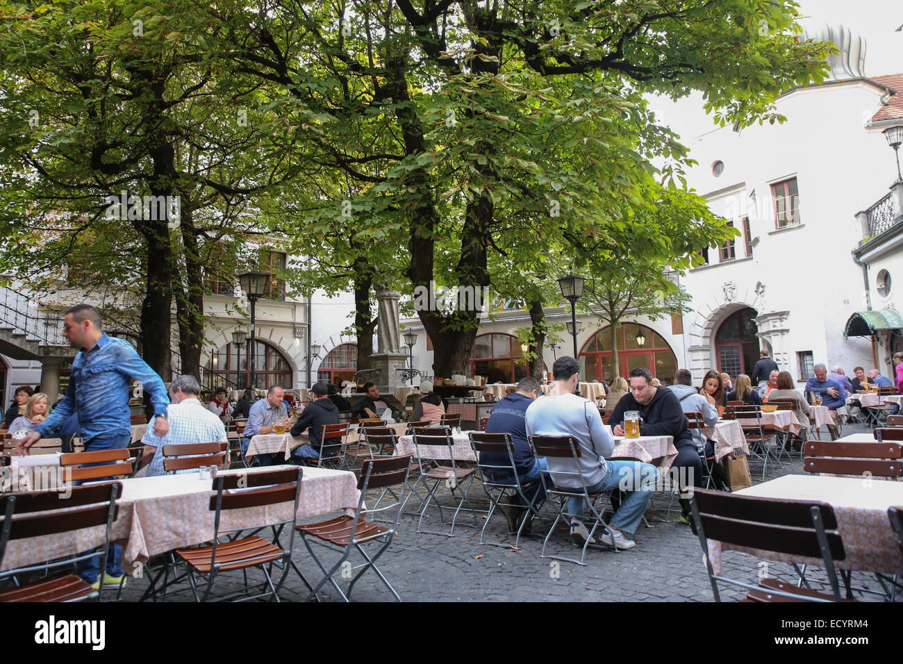 People Drinking Inside Munich Beer Garden Hofbrauhaus Stock Photo