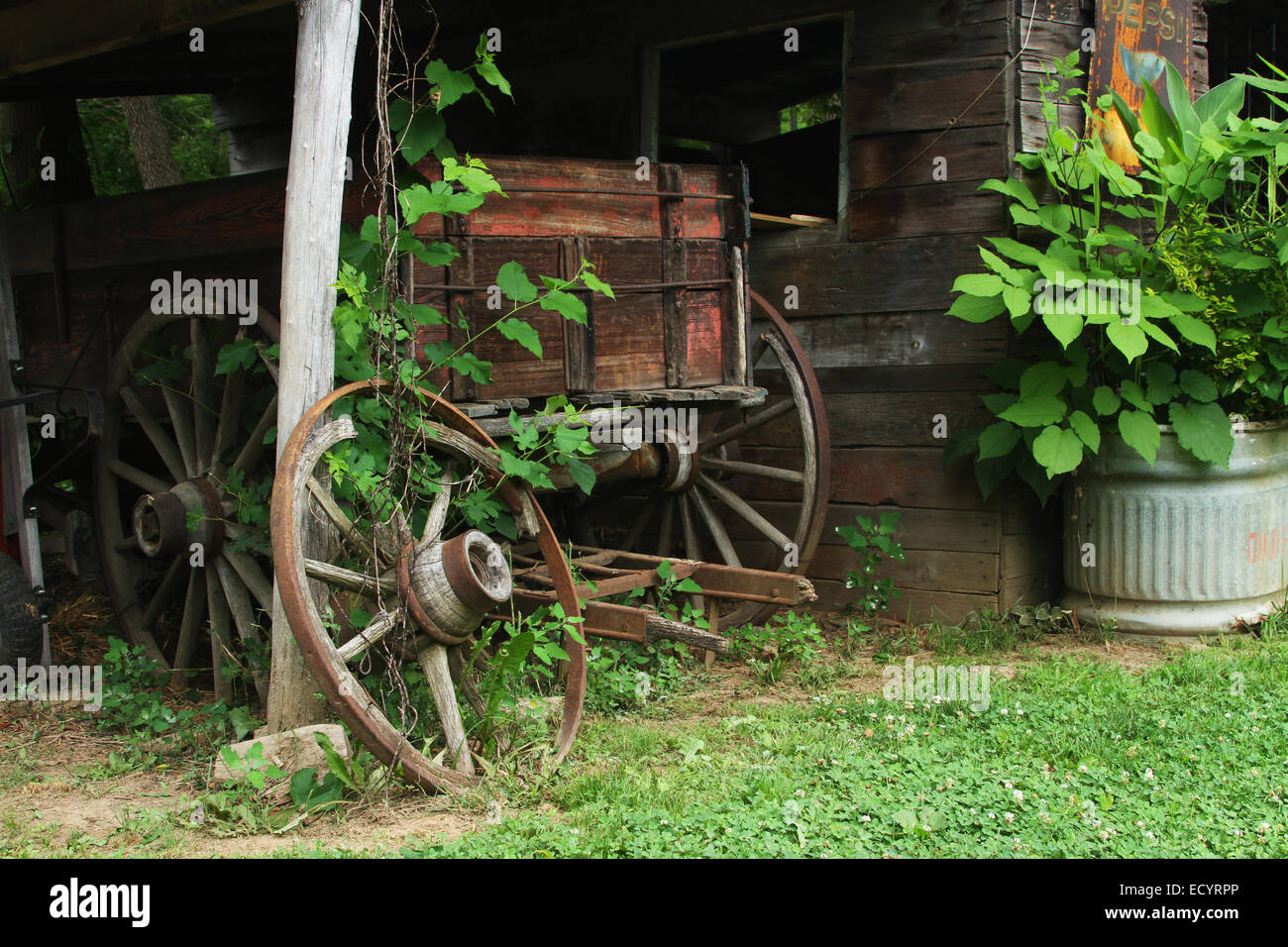 Old shed and old wagon. Rabbit Hash, Kentucky, USA. Circa 1813. A historic small town on the Ohio River. Added to the National R Stock Photo