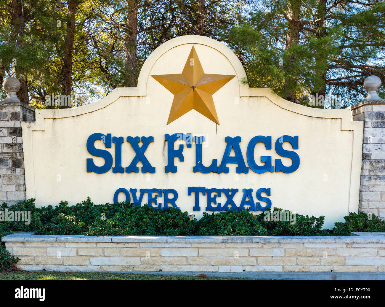 Entrance sign to Six Flags over Texas, Arlington, near Fort Worth, Texas, USA Stock Photo