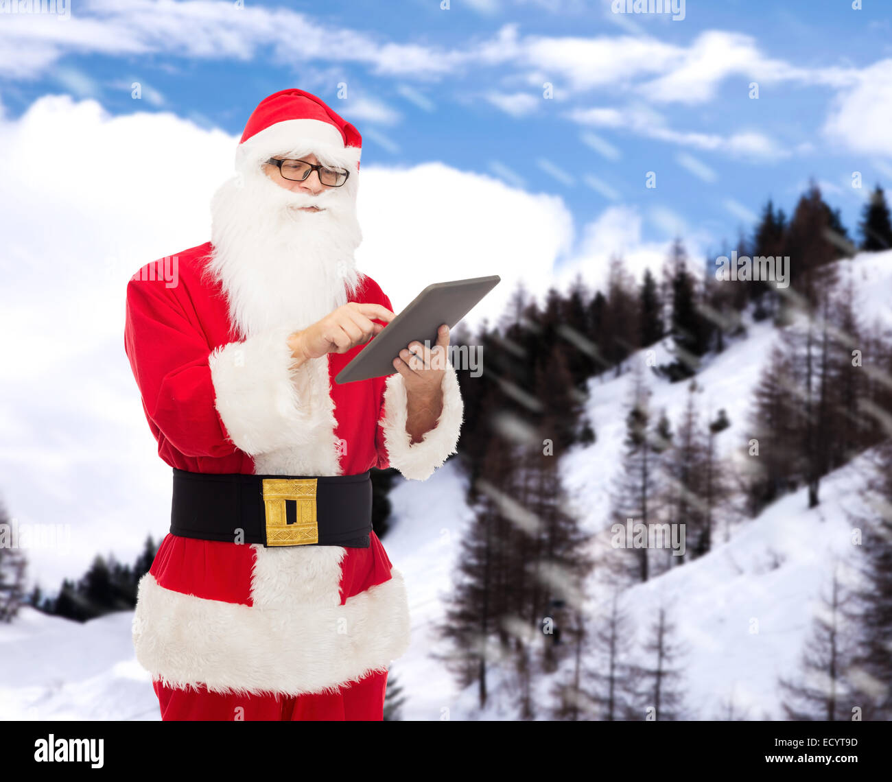 man in costume of santa claus with tablet pc Stock Photo - Alamy