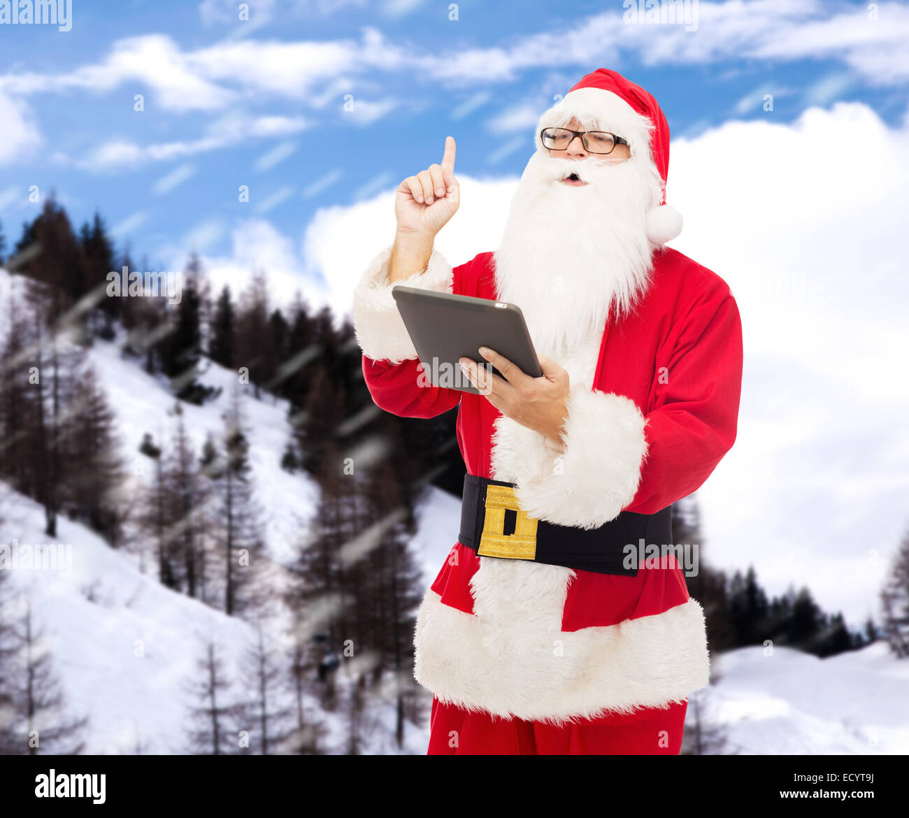 man in costume of santa claus with tablet pc Stock Photo - Alamy