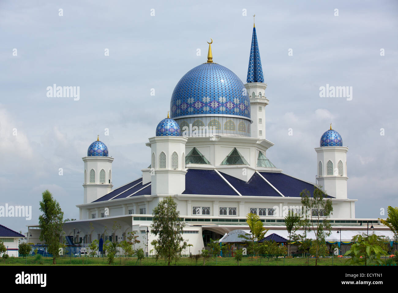 The grand Mosque at Kepala Batas in Penang state. Blue patterned dome and tall minaret adorn this impressive structure. Stock Photo