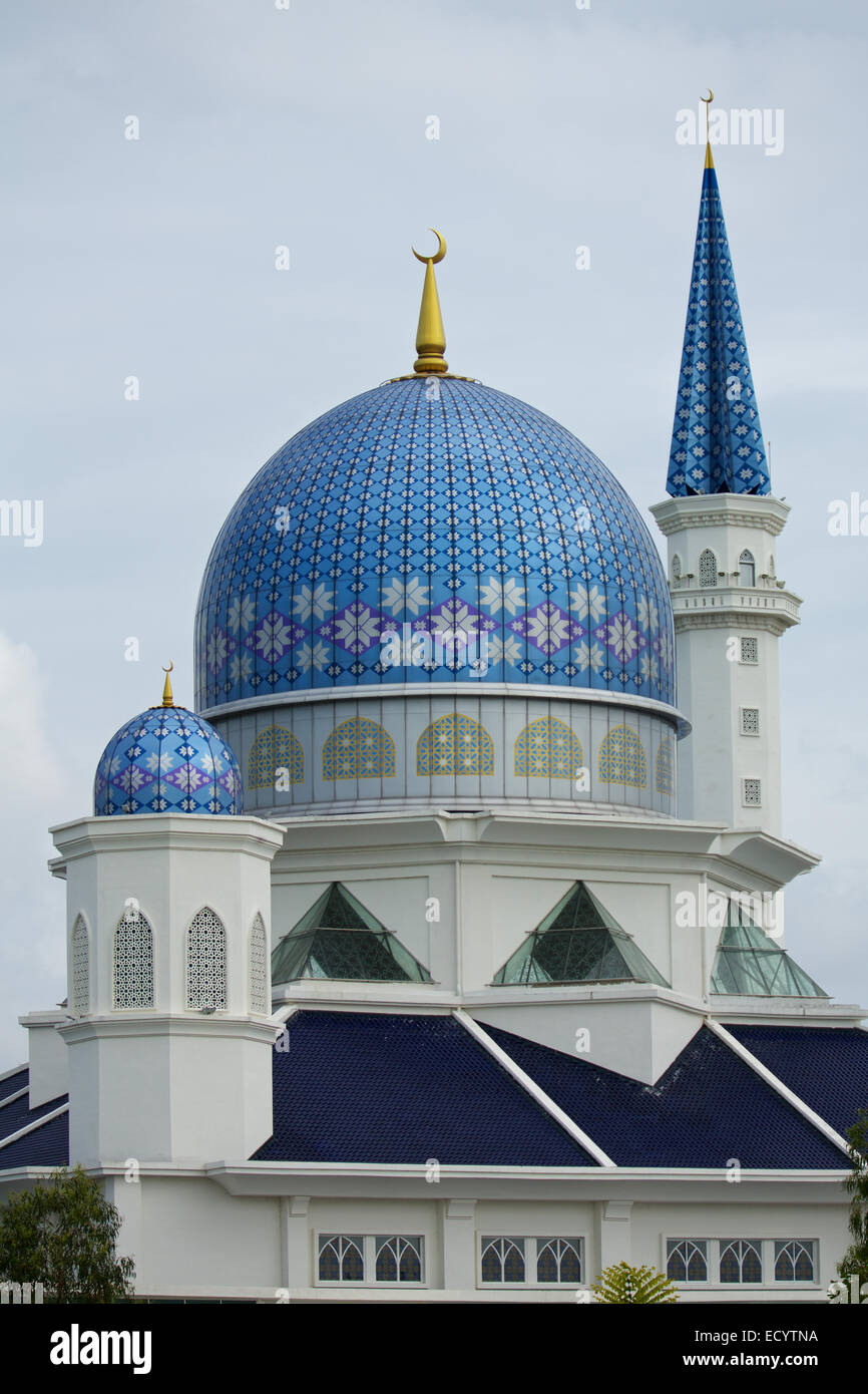 Close up of the Mosque at Kepala Batas in Penang state. Blue patterned dome and tall minaret adorn this impressive structure. Stock Photo