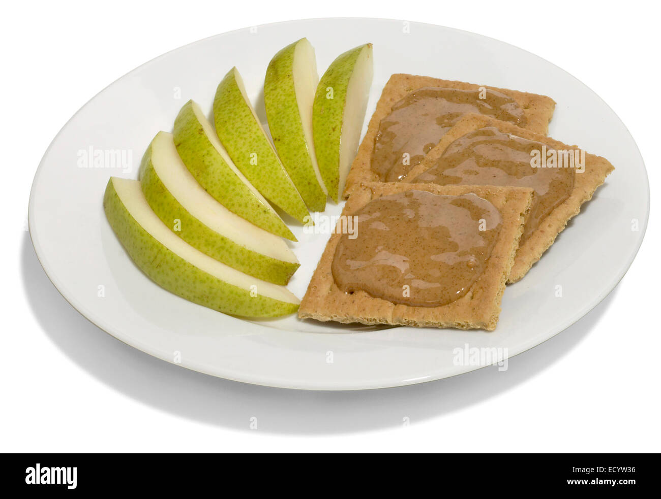 crackers with almond butter and sliced pears Stock Photo Alamy