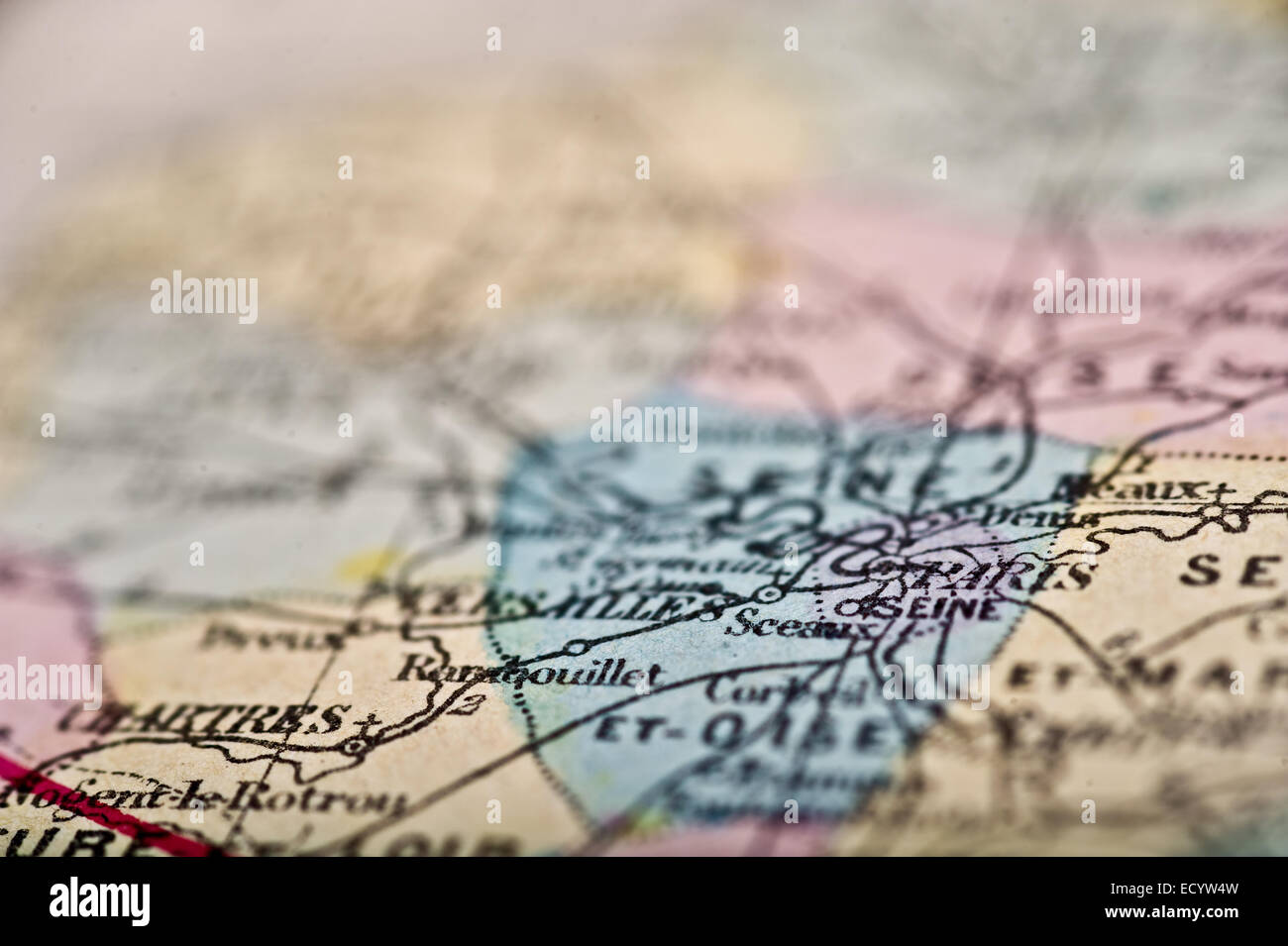 An Antique Map of Paris shot with a shallow depth of field. Stock Photo