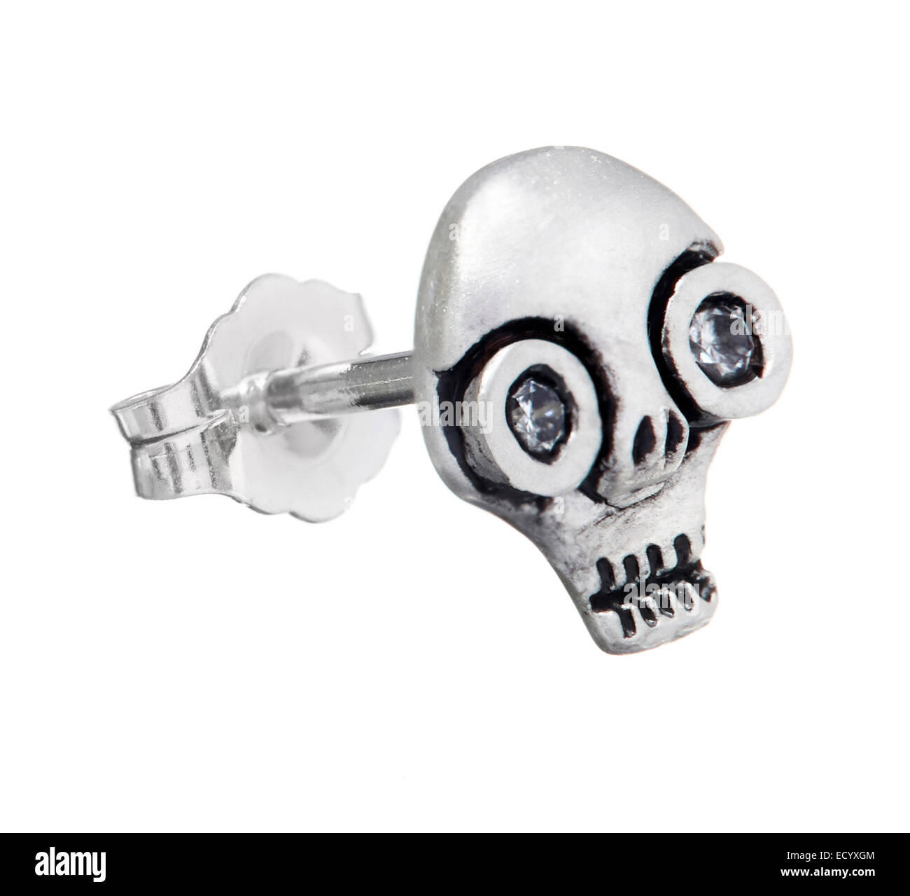 Silver skull earring with swarovski crystals Stock Photo