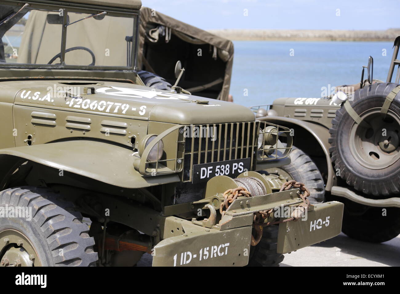 D Day WW2 Military vehicle Dodge truck and Willys jeep gathered at Port ...