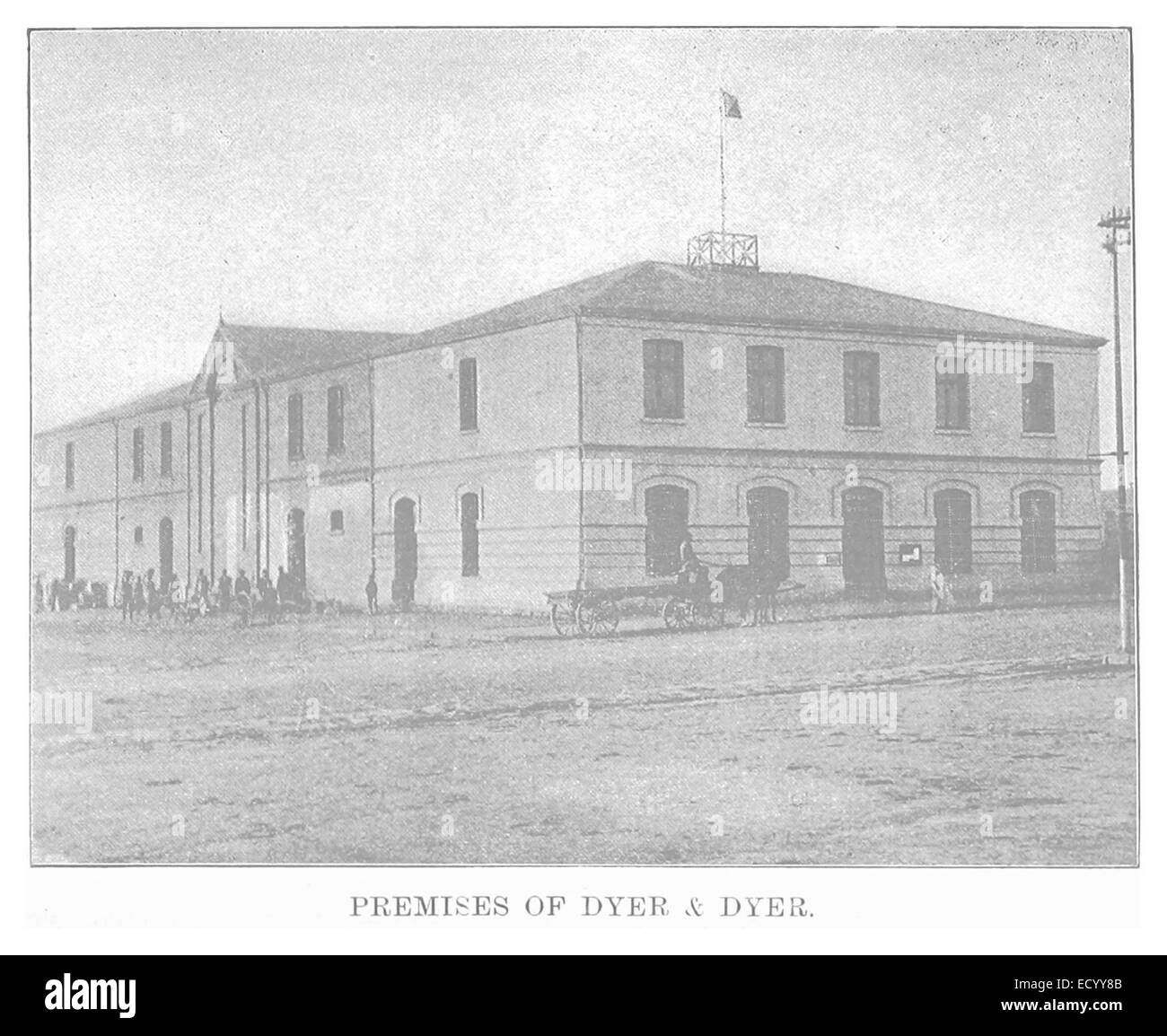 This 1893 illustration shows the premises of Dyder and Dyder, likely a business or property located in a major urban area. The drawing provides details on the building’s structure and surrounding environment. Stock Photo