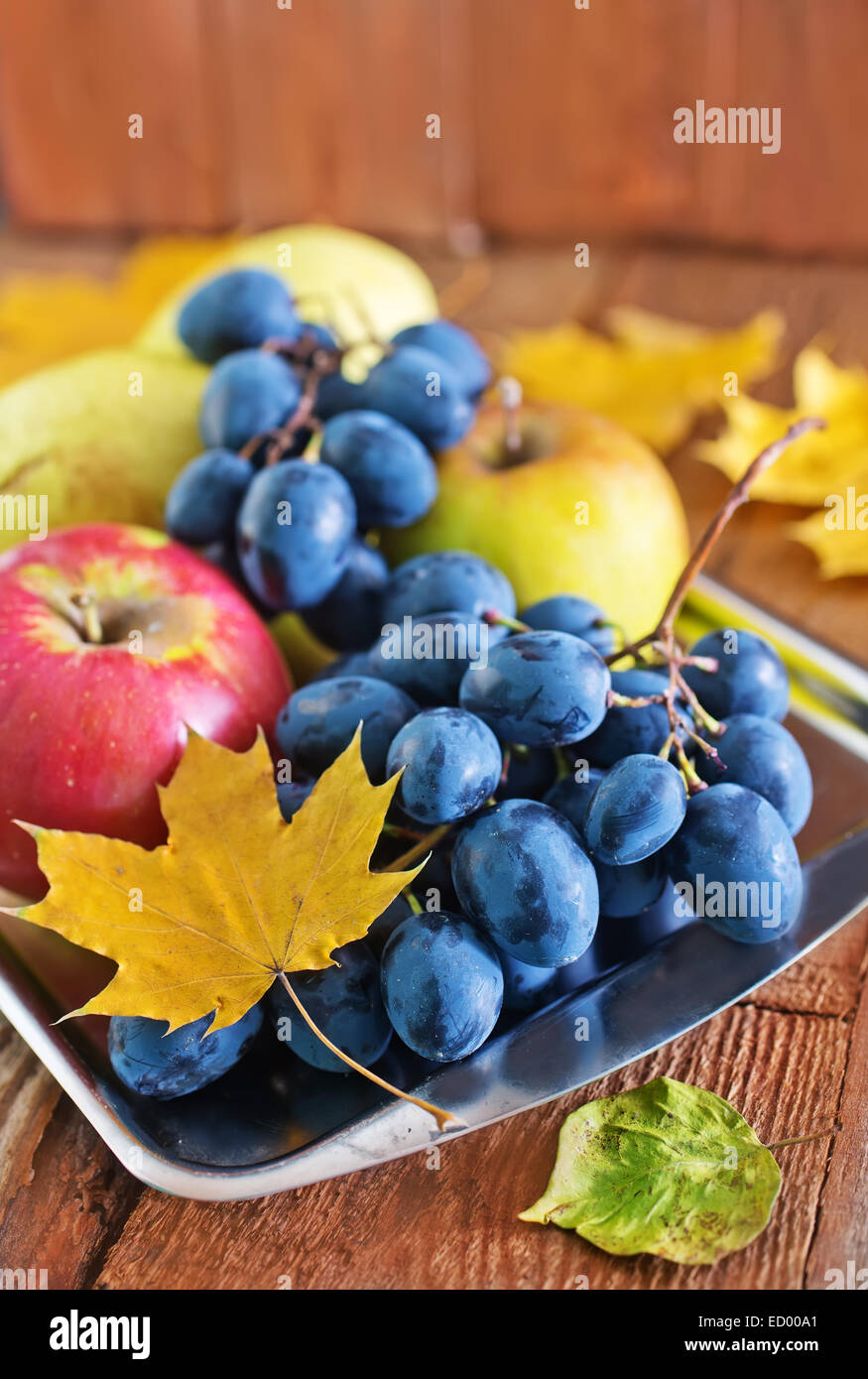 autumn harvest on the wooden background, fruits and vegetables Stock ...