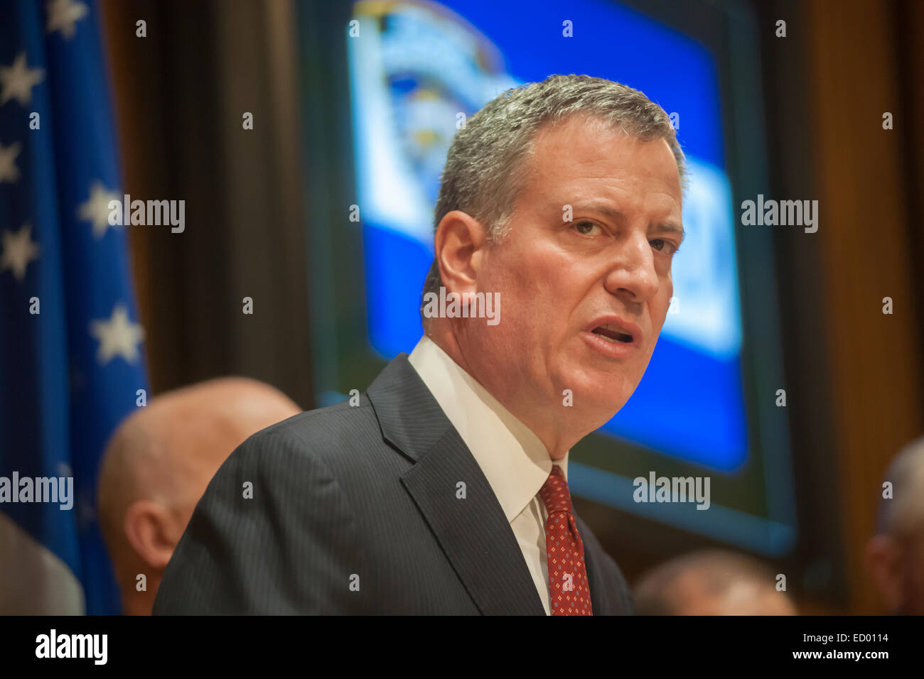 New York, NY, USA. 22nd Dec, 2014. New York Mayor Bill de Blasio briefs the media in One Police Plaza about the ongoing investigation of the assassination of two NYPD officers, Wenjian Liu and Rafael Ramos by Ismaaiyl Brinsley.  The officers were murdered in Brooklyn in their squad car by Brinsley allegedly in retaliation for the Eric Garner death. Brinsley killed himself in the subway during his attempted escape. Credit:  Richard Levine/Alamy Live News Stock Photo