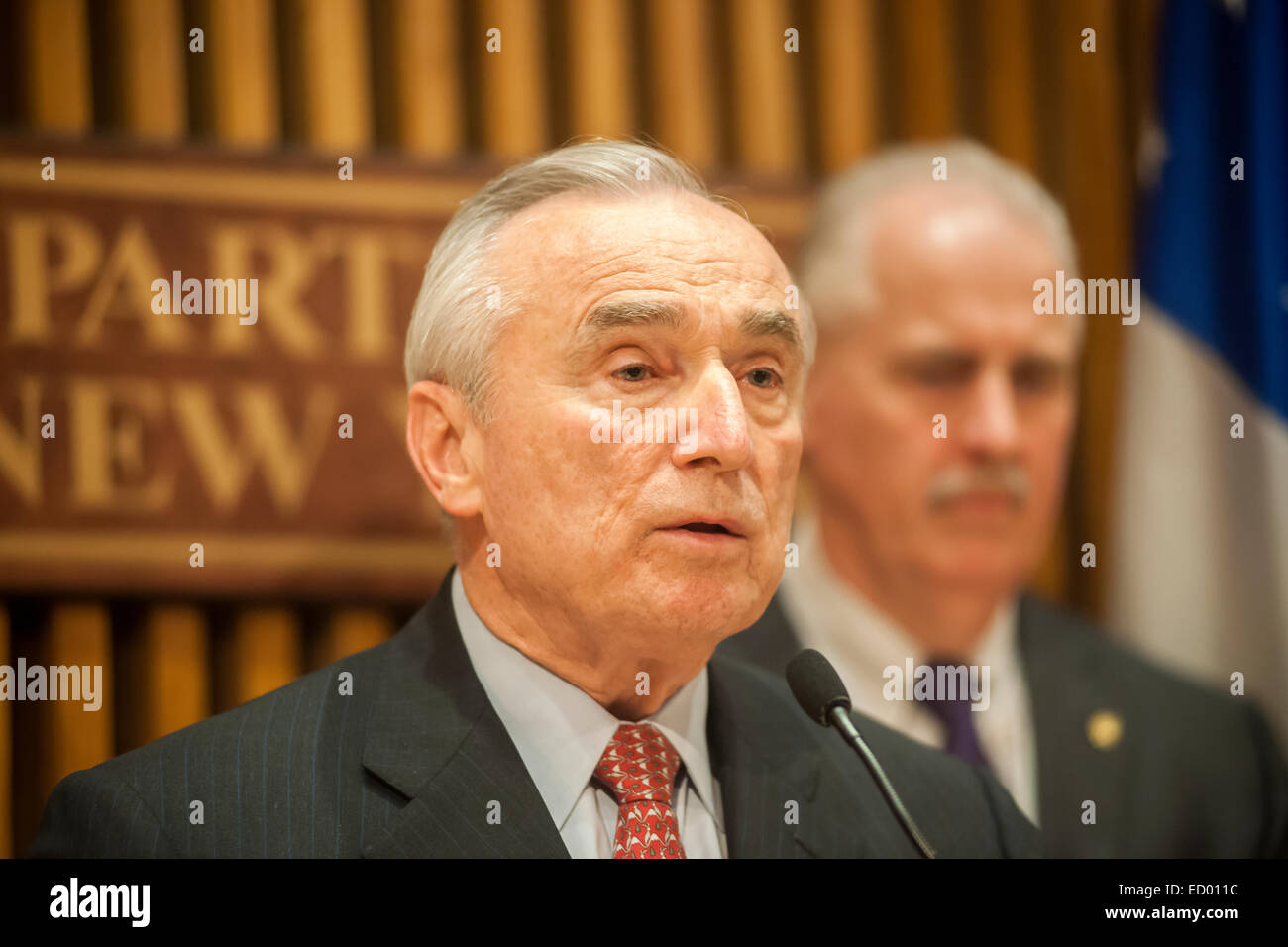 New York, NY, USA. 22nd Dec, 2014. NYPD Commissioner William Bratton briefs the media in One Police Plaza about the ongoing investigation of the assassination of two NYPD officers, Wenjian Liu and Rafael Ramos by Ismaaiyl Brinsley.  The officers were murdered in Brooklyn in their squad car by Brinsley allegedly in retaliation for the Eric Garner death. Brinsley killed himself in the subway during his attempted escape. Credit:  Richard Levine/Alamy Live News Stock Photo
