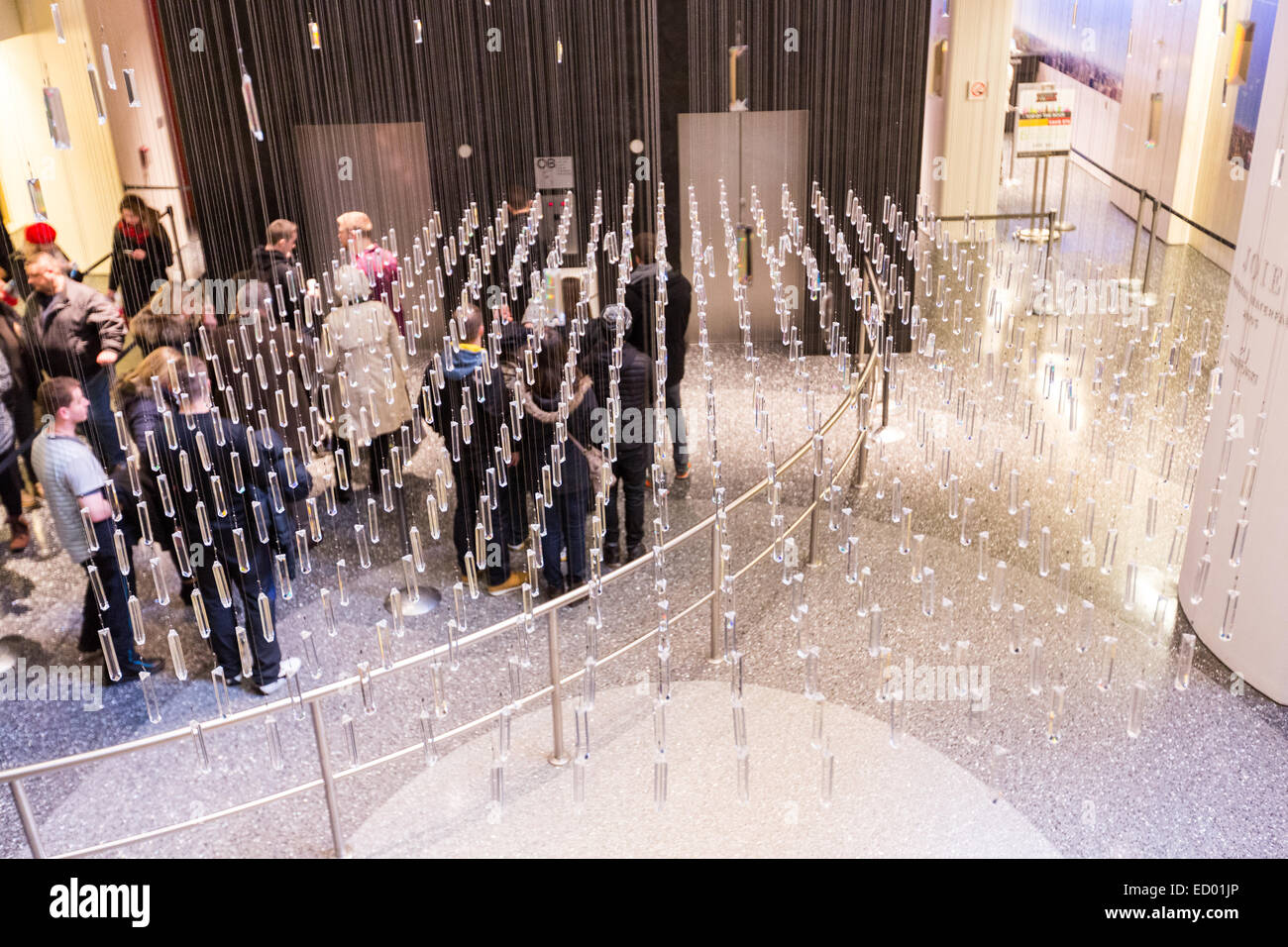 The Joie Crystal Water Fall chandelier in the Grand Atrium Lobby of Rockefeller Center December 17, 2014 in New York City, NY. Stock Photo