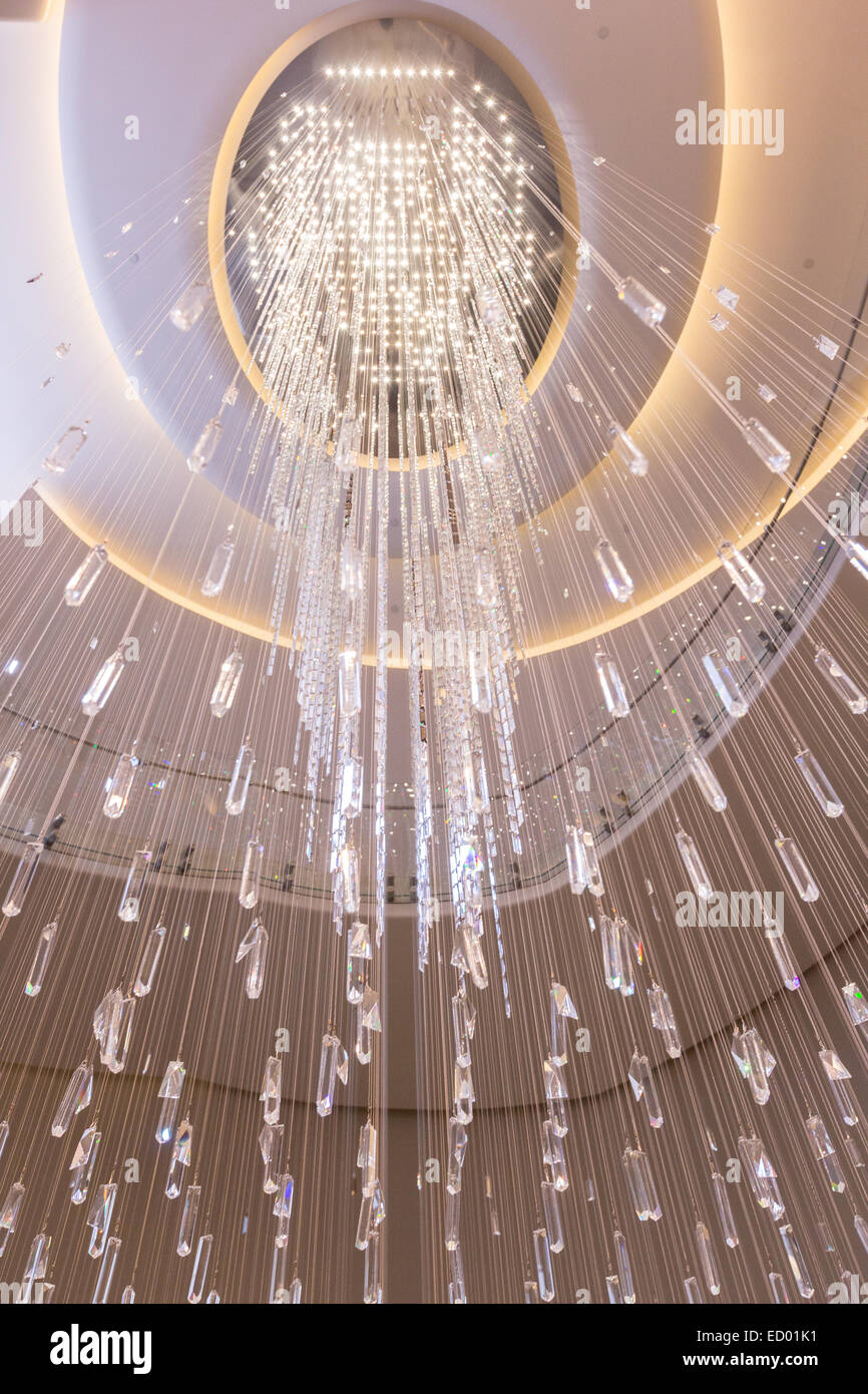 The Joie Crystal Water Fall chandelier in the Grand Atrium Lobby of Rockefeller Center December 17, 2014 in New York City, NY. Stock Photo