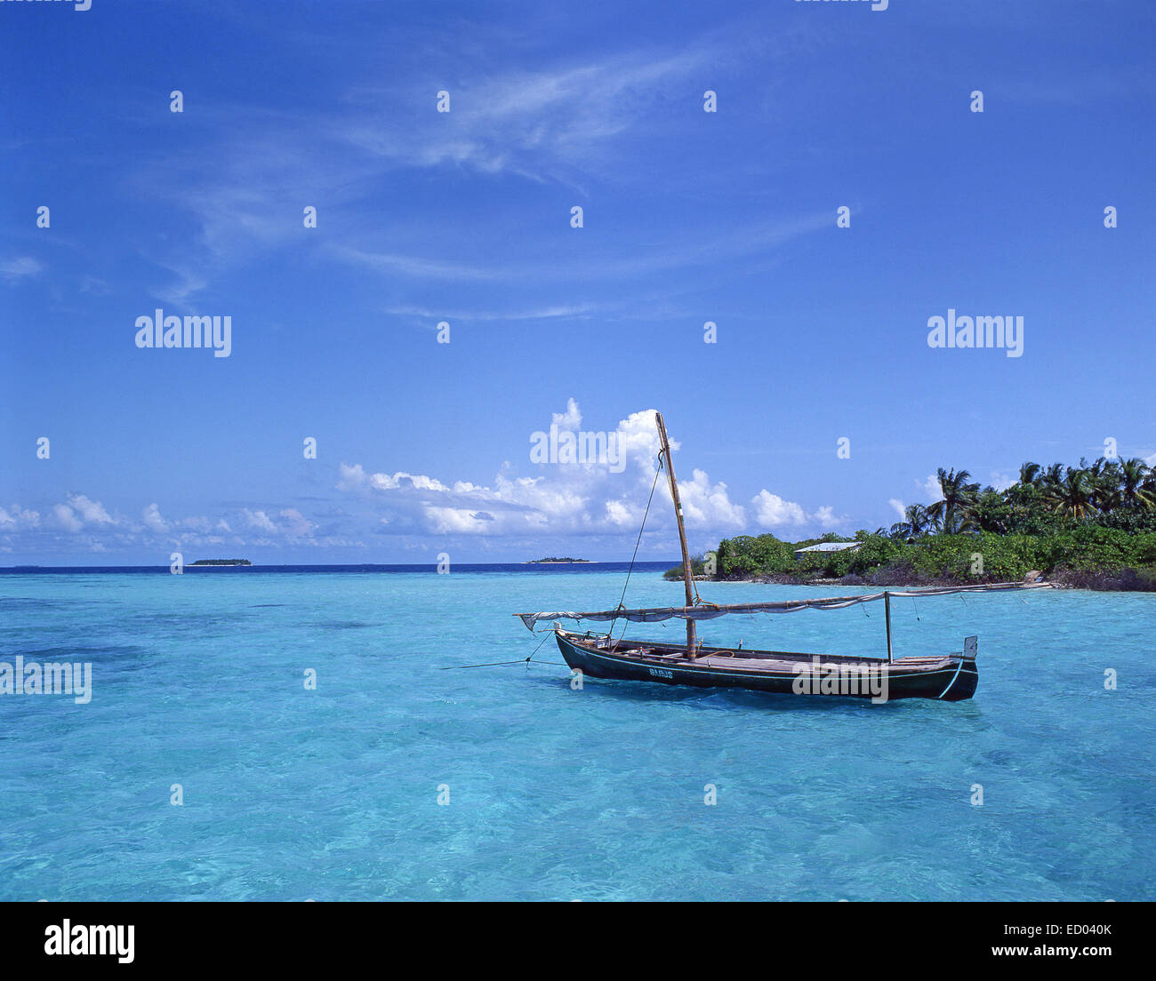 Dug-out fishing boat, Bandos, Kaafu Atoll, Republic of Maldives Stock Photo
