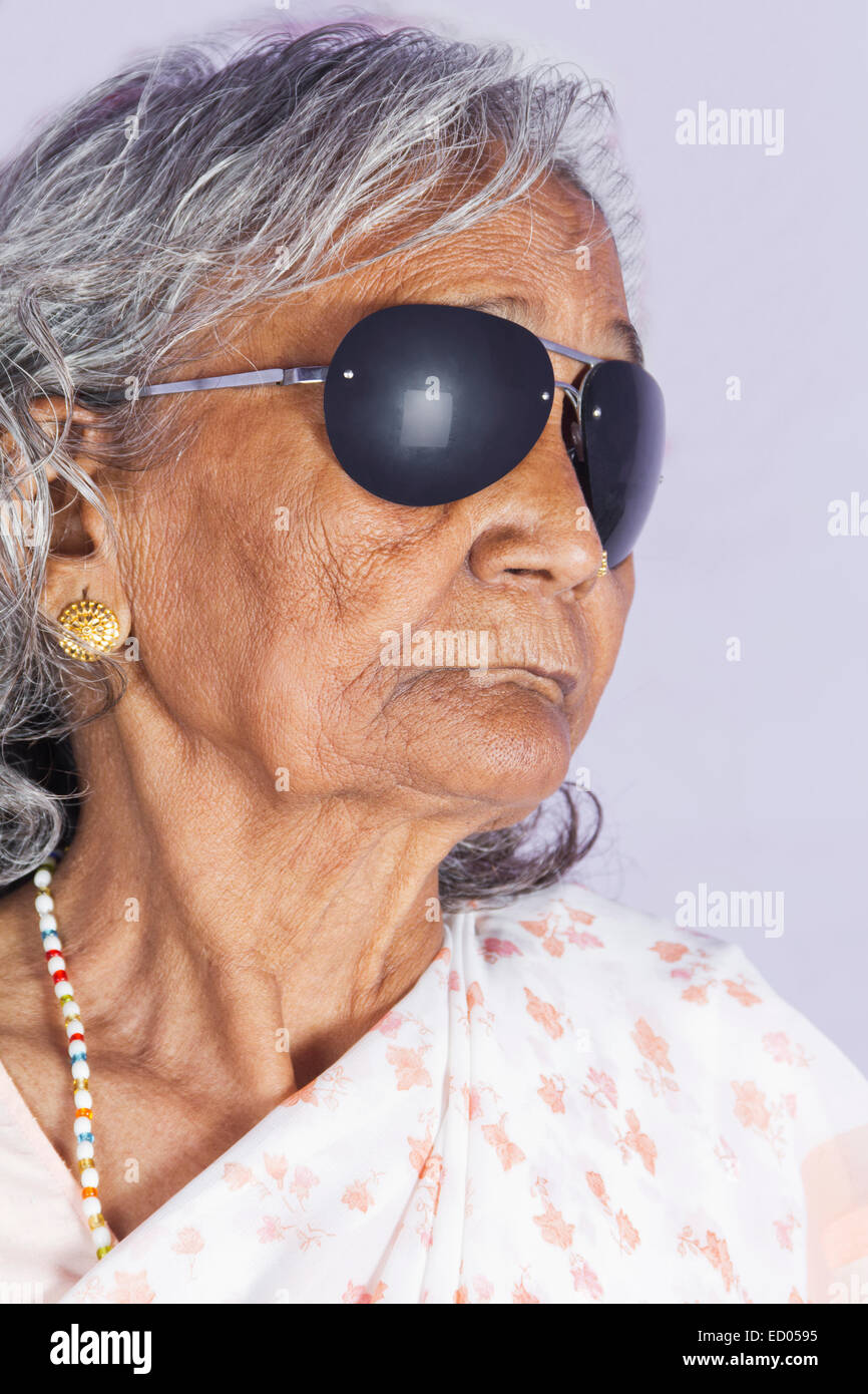 1 indian Old Senior Woman Protective Goggles Stock Photo