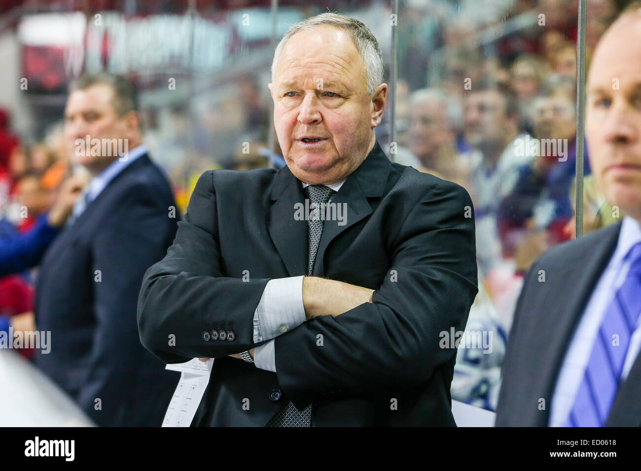 Toronto Maple Leafs head coach Randy Carlyle during the NHL game between the Toronto Maple Leafs and the Carolina Hurricanes at the PNC Arena.  The Carolina Hurricanes defeated the Toronto Maple Leafs 4-1. Stock Photo