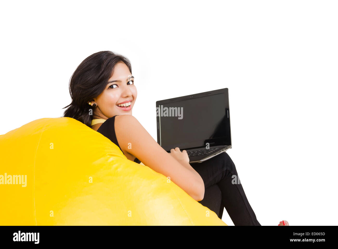 1 indian lady Chatting Laptop Stock Photo