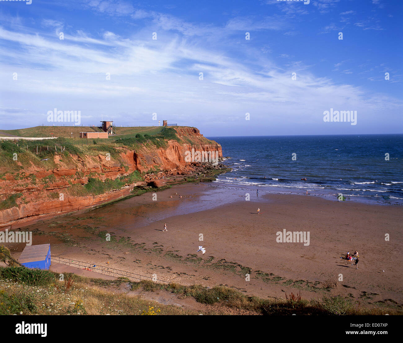 Beach and rocks from cliffs, Sandy Bay, near Exmouth, Devon, England, United Kingdom Stock Photo