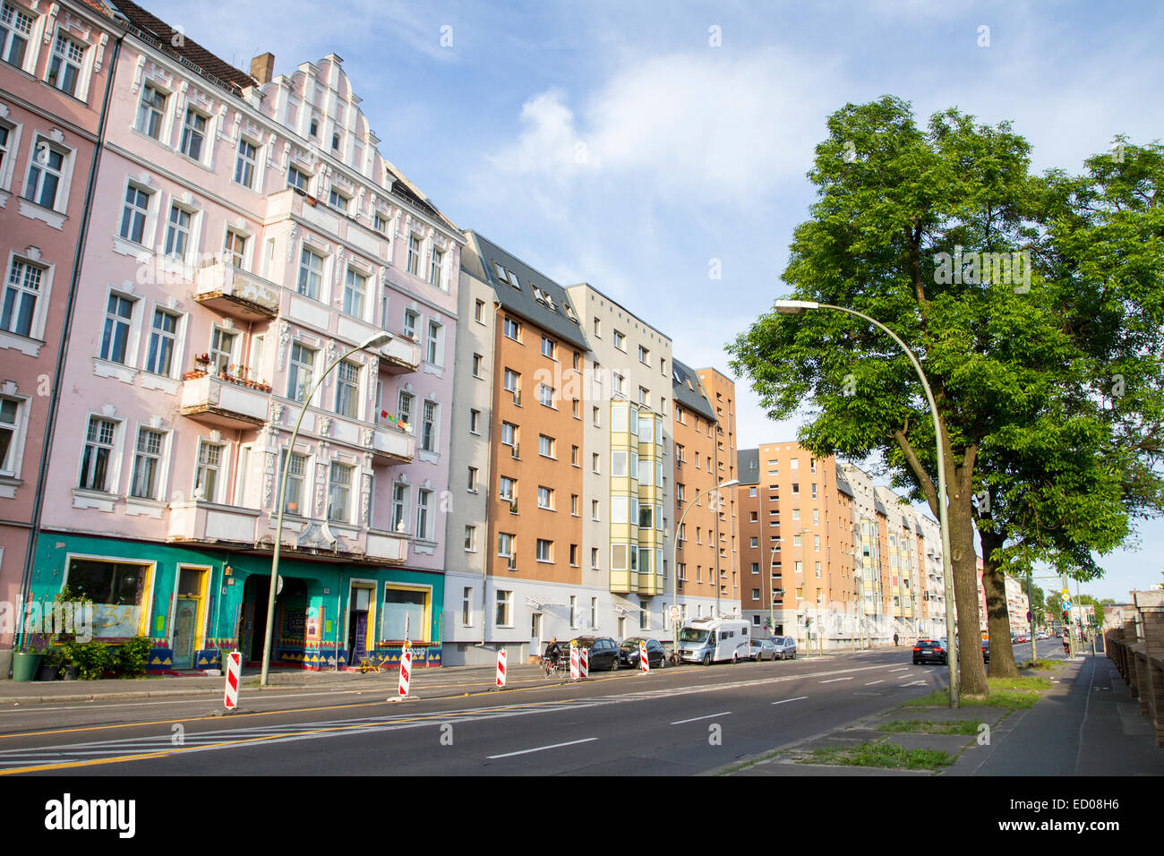 Colorful houses in Stralauer Allee, Berlin, Germany. Stock Photo