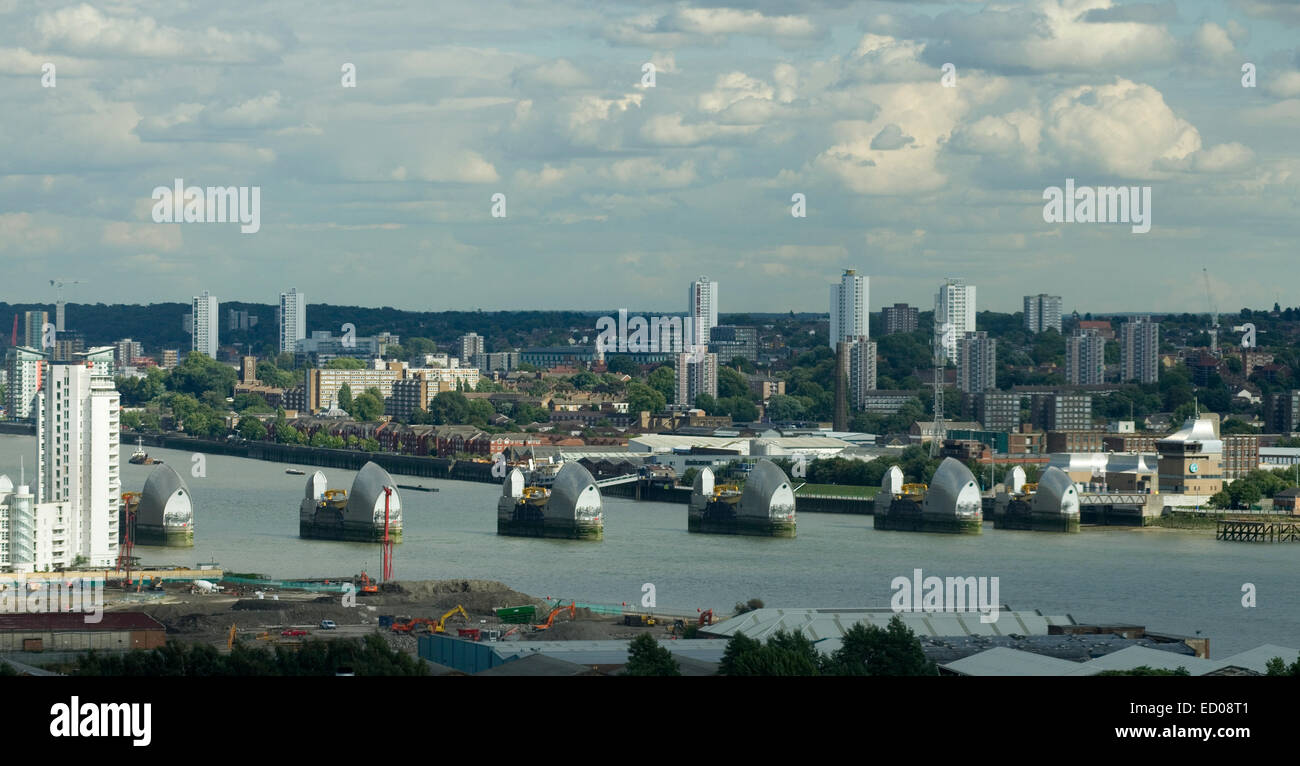 Thames flood barrier taken from the Emirates Air Line. Stock Photo